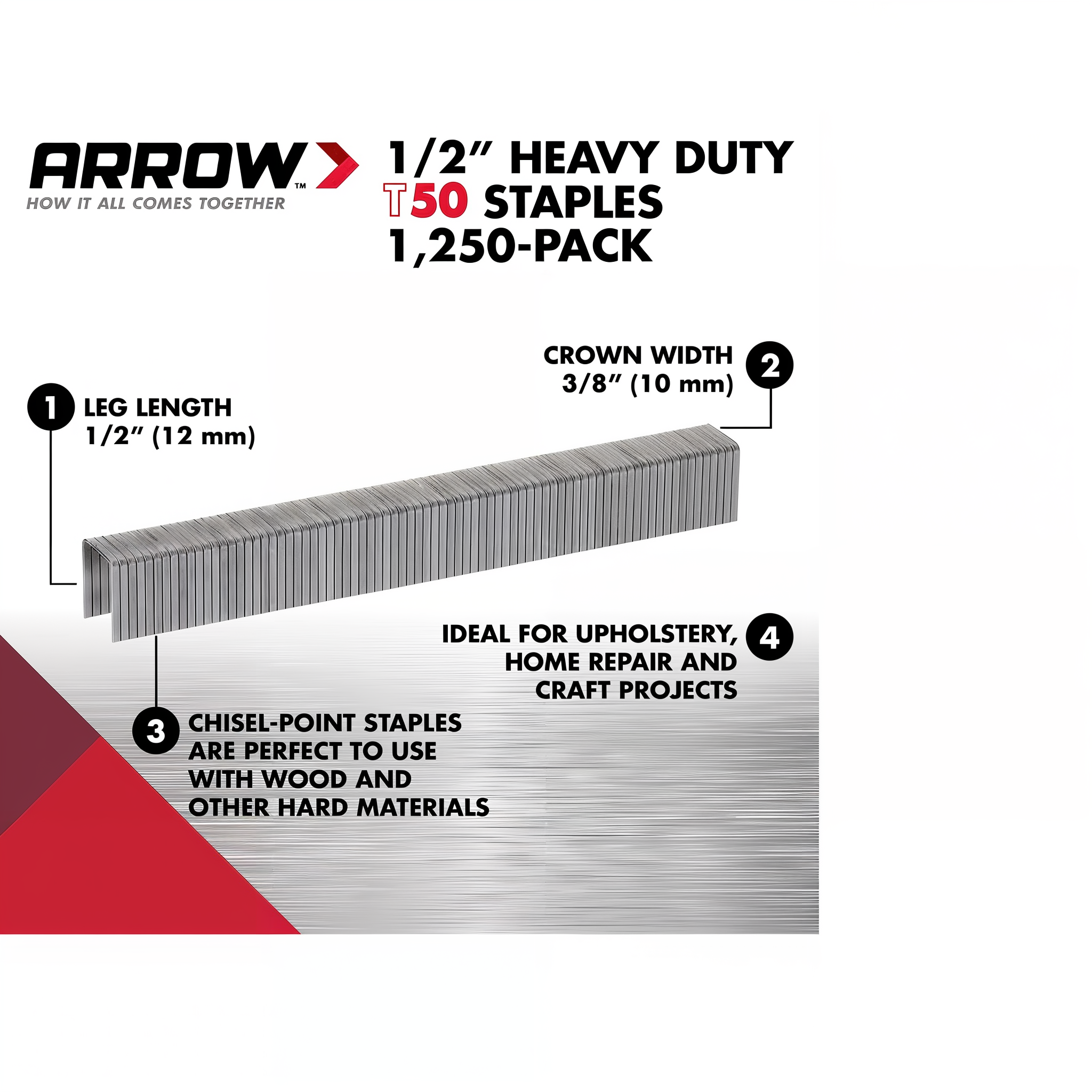 Arrow T50 Heavy Duty Staples leg-length comparison infographic for 1/4, 3/8, 1/2, and 17/32 inch sizes