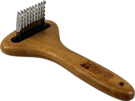 Bamboo Groom Dematting Rake with Stainless Steel Serrated Blades for Pets