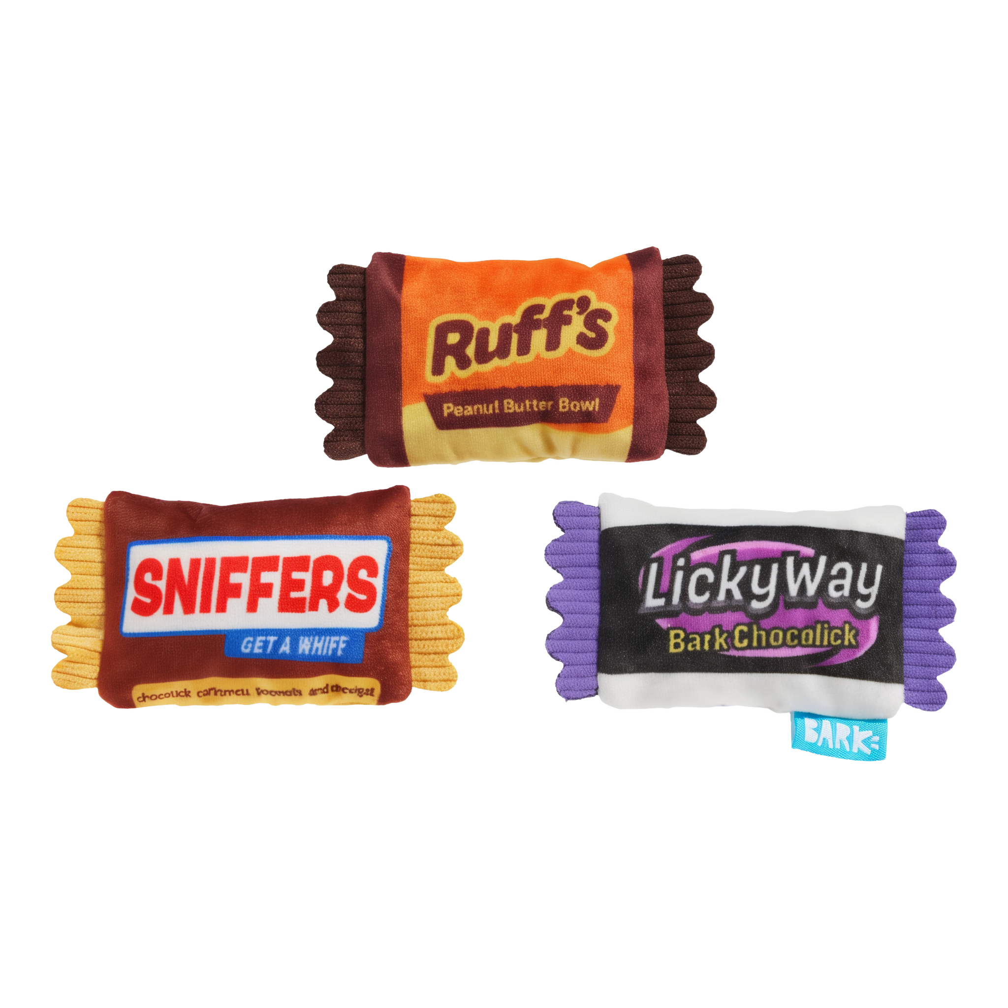 BARK Howl-O-Ween Candy three plush squeaky candy bar dog toys Ruffs Sniffers and LickyWay