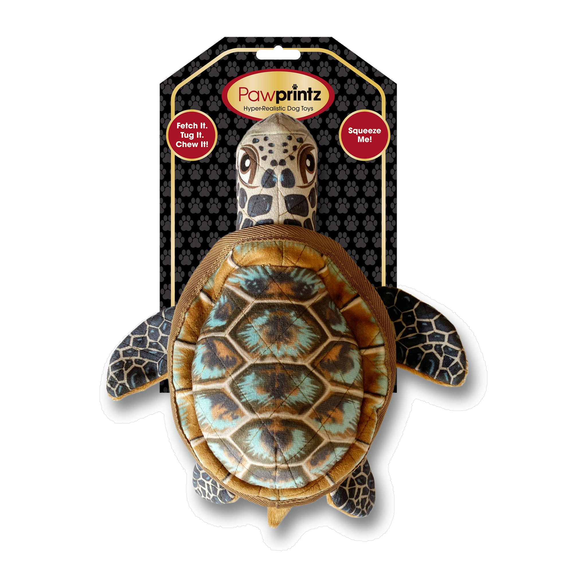 Barkbuddiez Pawprintz hyper-realistic sea turtle dog toy in package, front