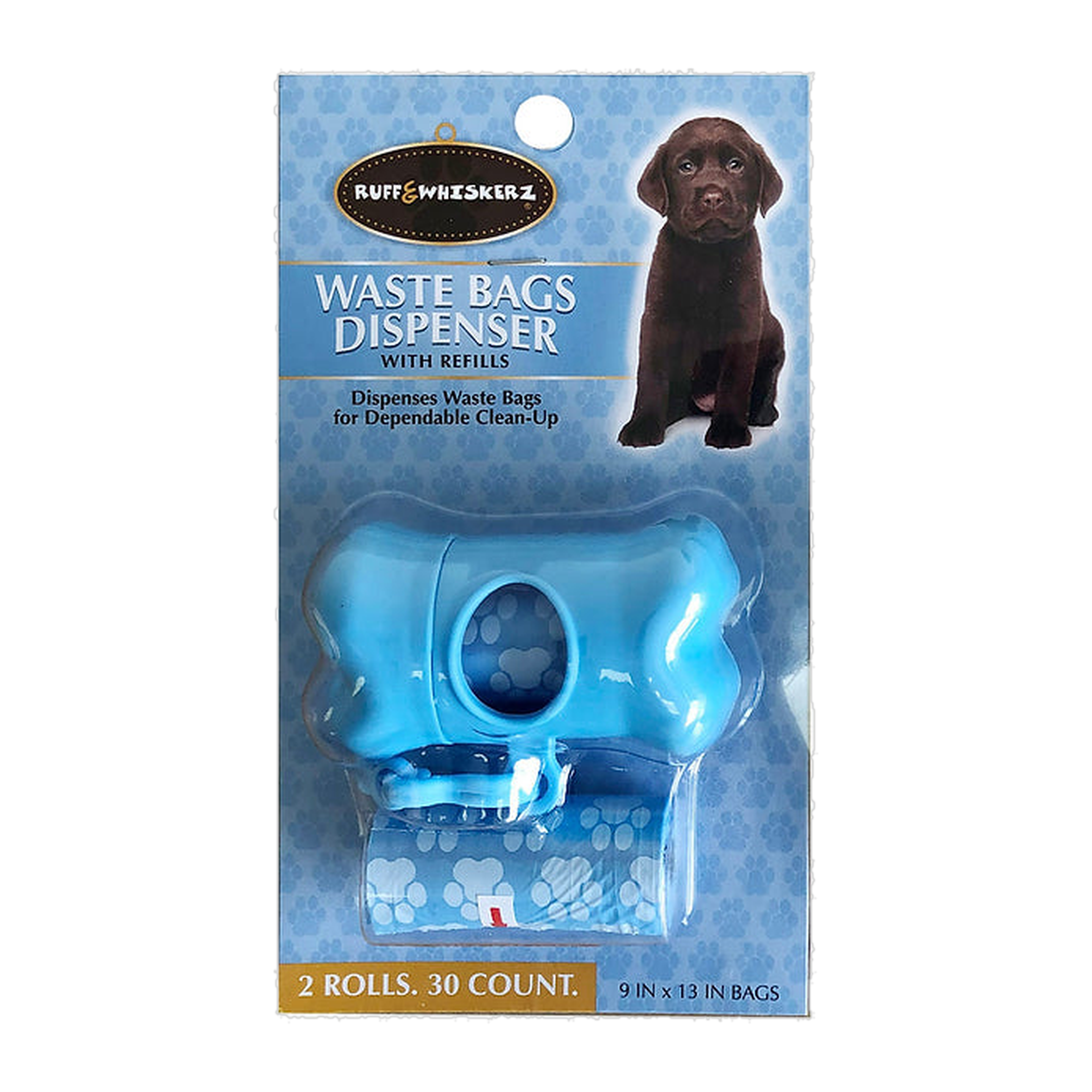 Ruff and Whiskerz bone-shaped waste bags dispenser with refill rolls in package