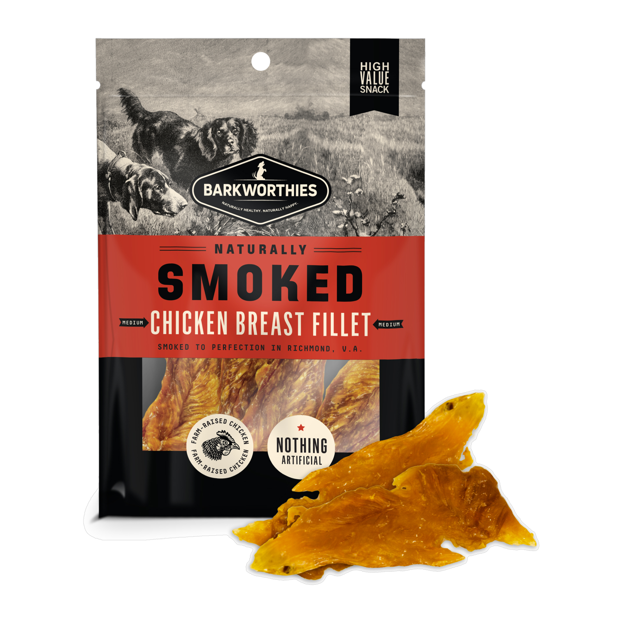 Barkworthies Naturally Smoked Chicken Breast Fillet 4 oz bag front with fillets #4 oz