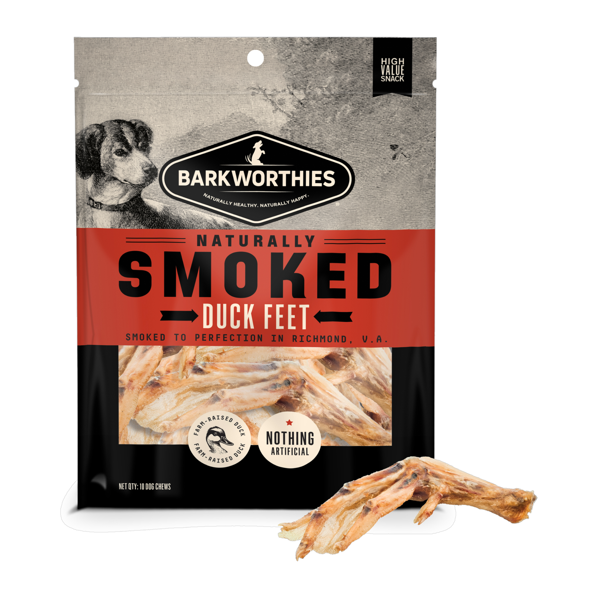 Barkworthies Naturally Smoked Duck Feet 10 pack bag front with duck foot #3.17 oz