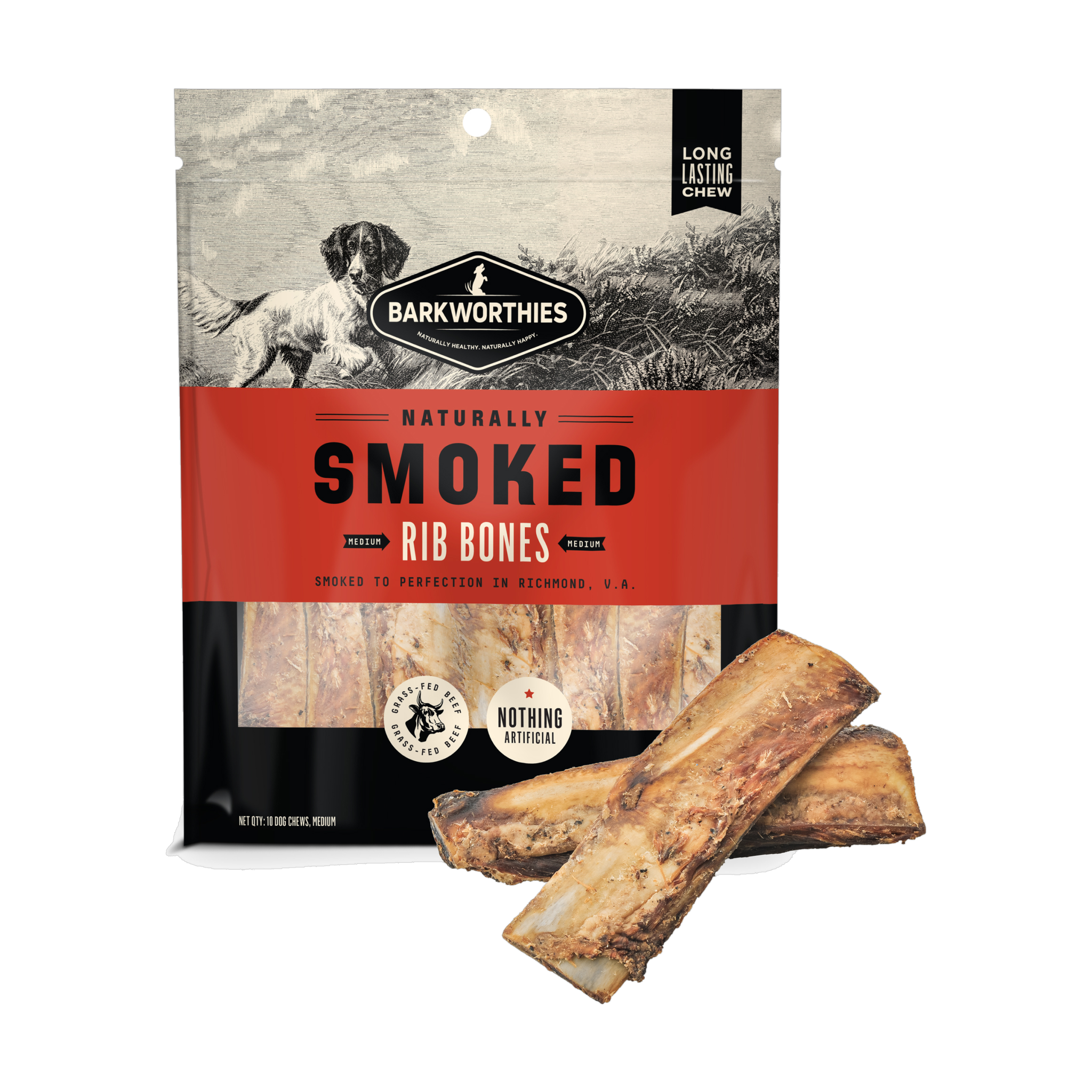 Barkworthies Naturally Smoked Rib Bones 10 pack bag front with rib bones