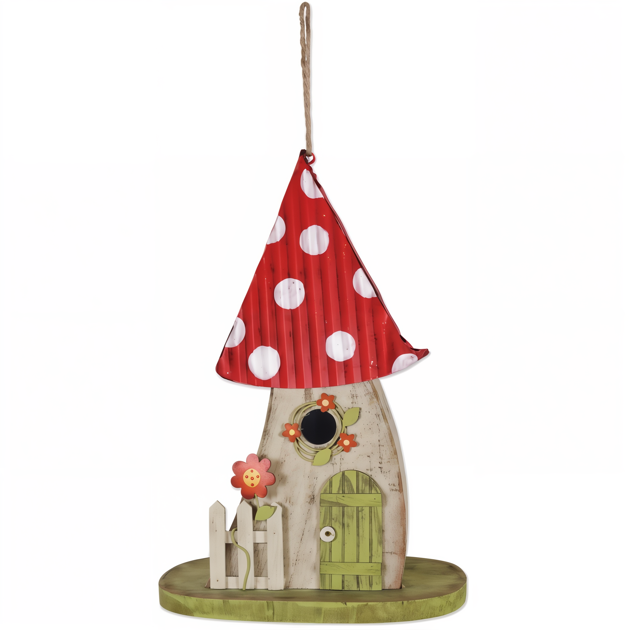 Red Mushroom Birdhouse: A whimsical red mushroom birdhouse for garden decor.