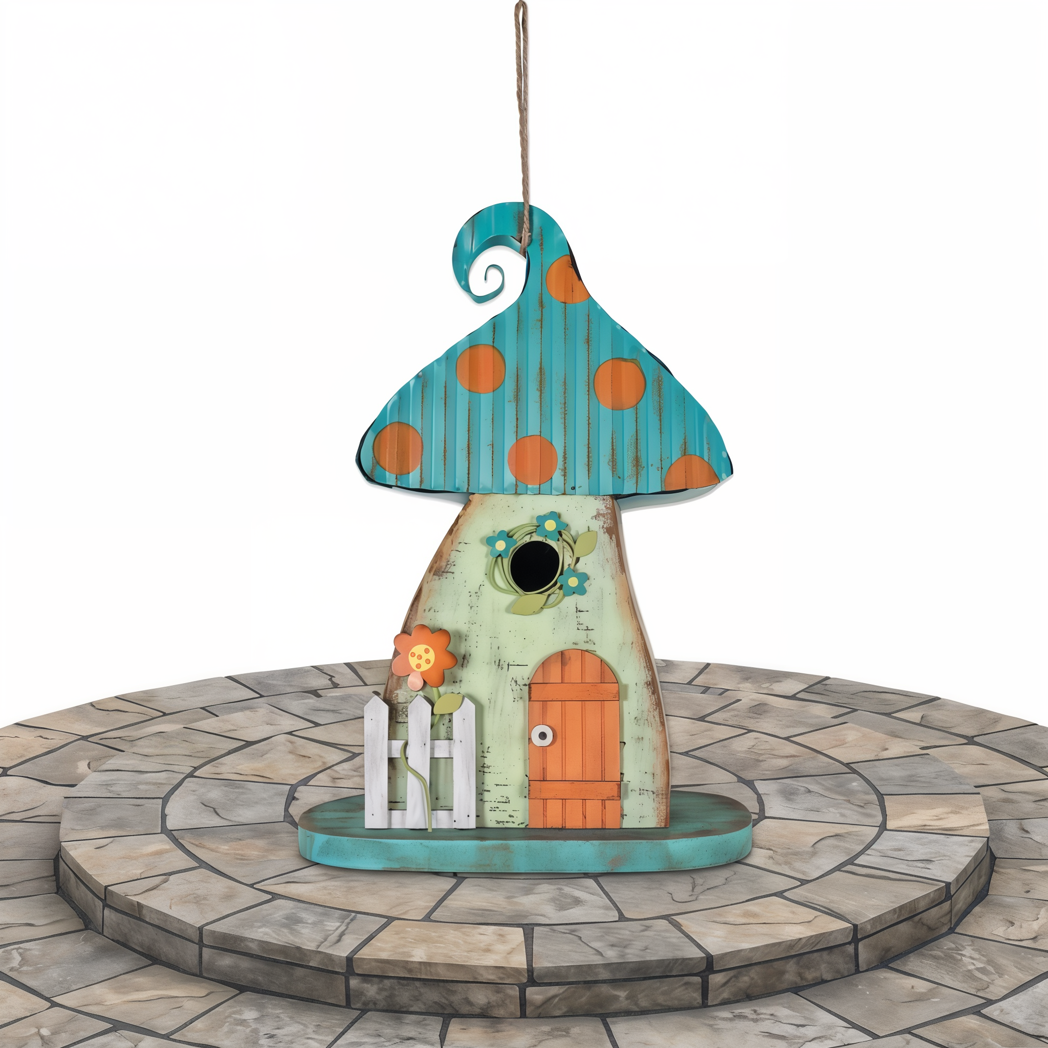 Blue Mushroom Birdhouse: A charming blue birdhouse shaped like a mushroom.