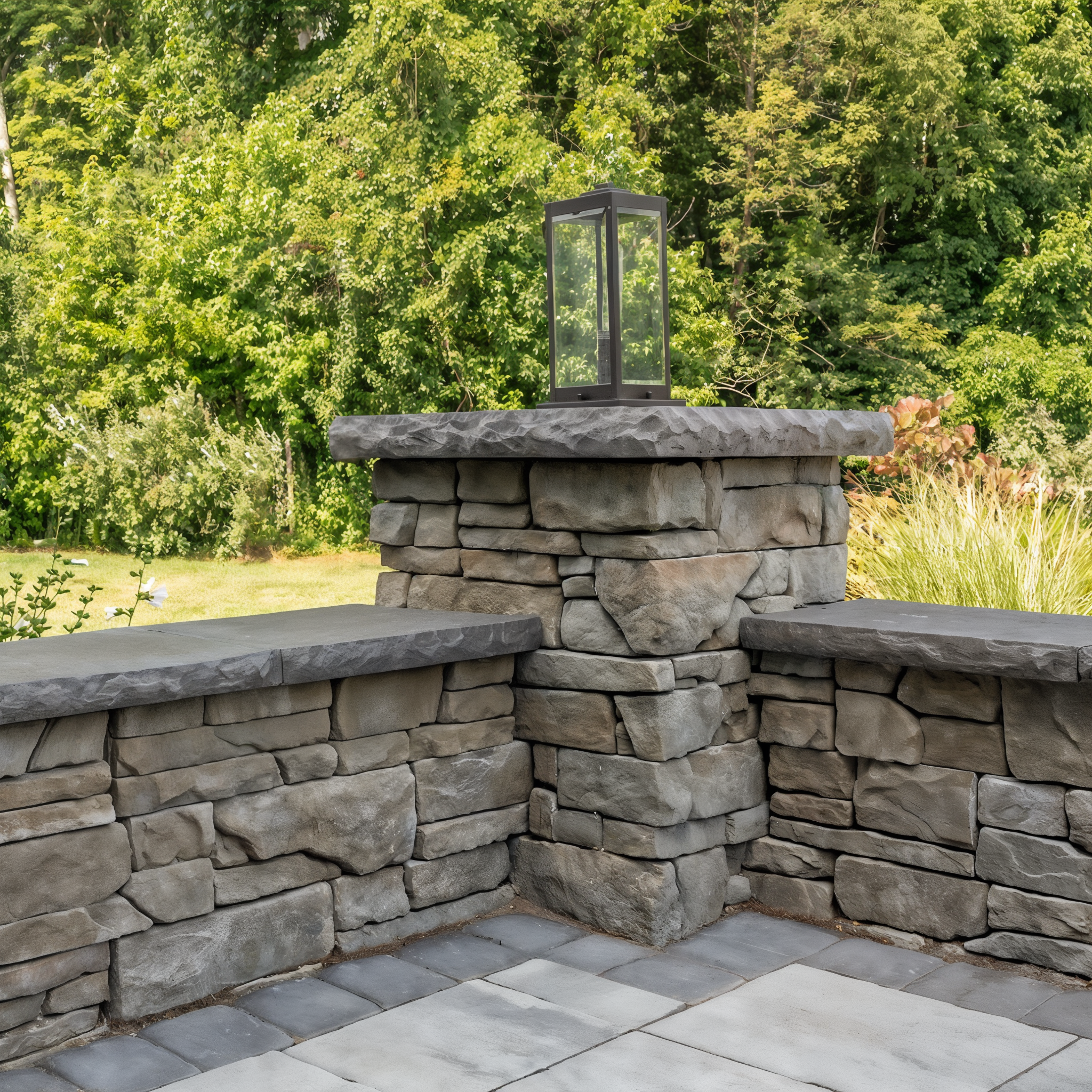 Belgard Belmont cast stone pier cap in Bluestone blue-grey on a stone column