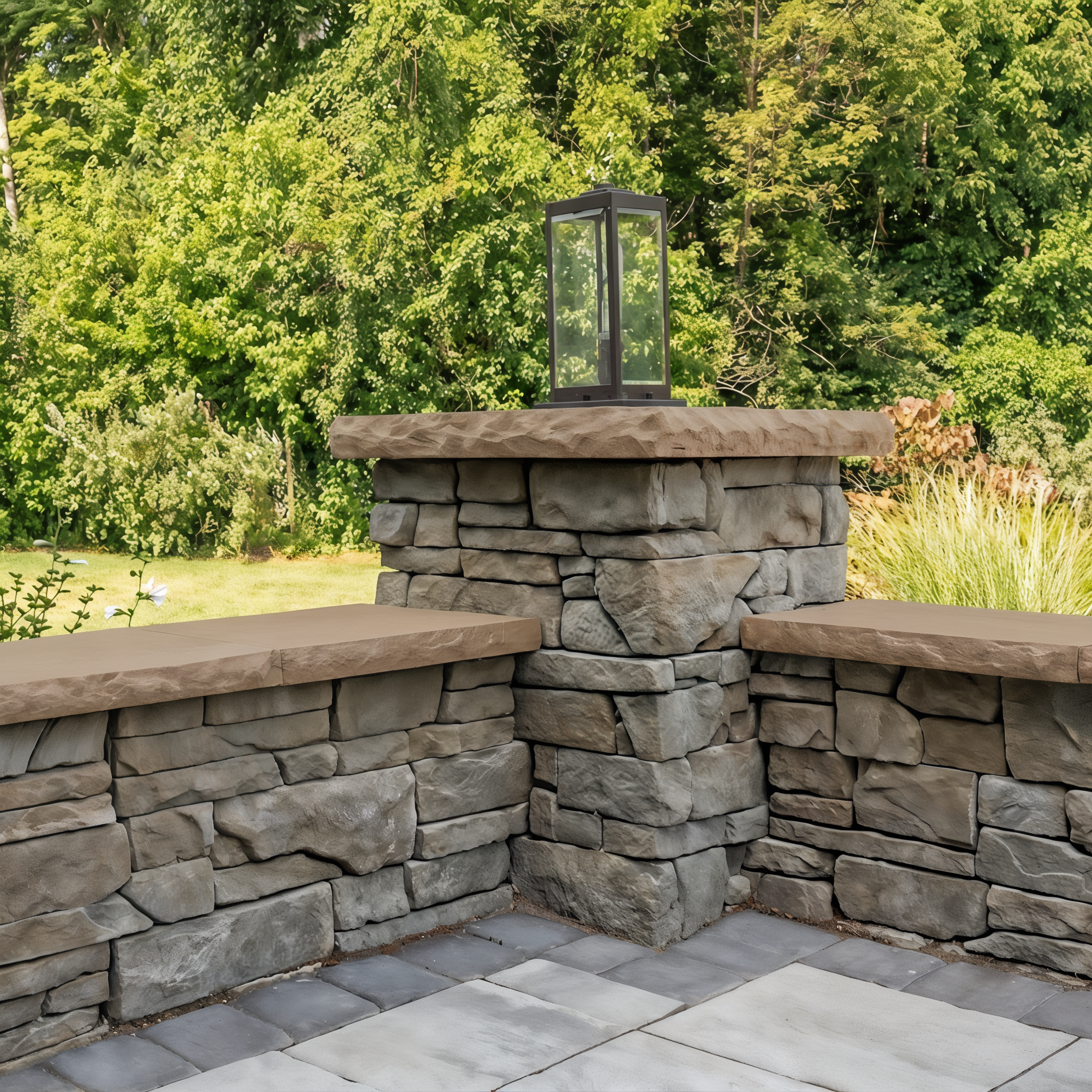 Belgard Belmont cast stone pier cap in Brownstone beige-brown on a grey stone seat wall