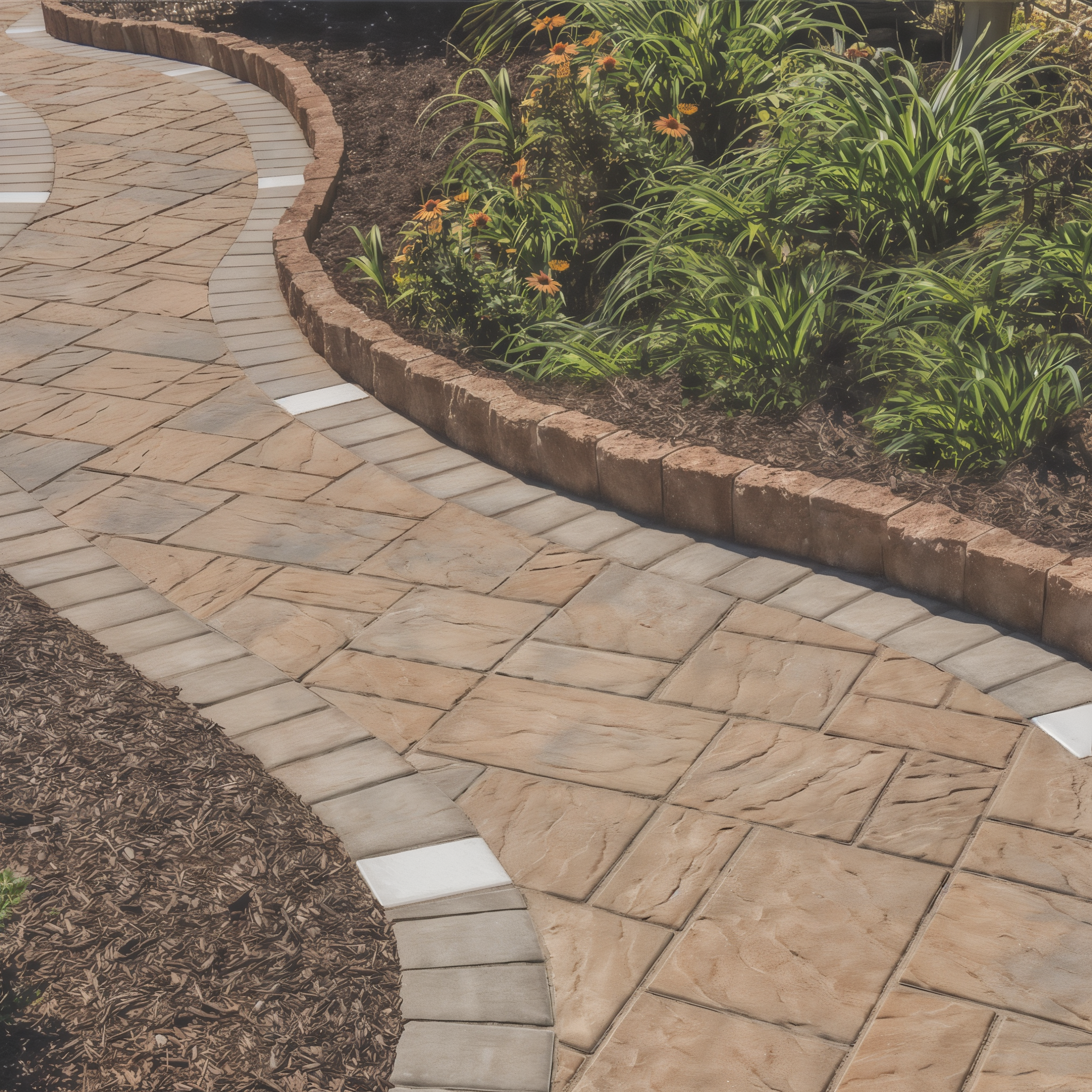 Belgard Curbstone curbing a paver walkway beside a planting bed