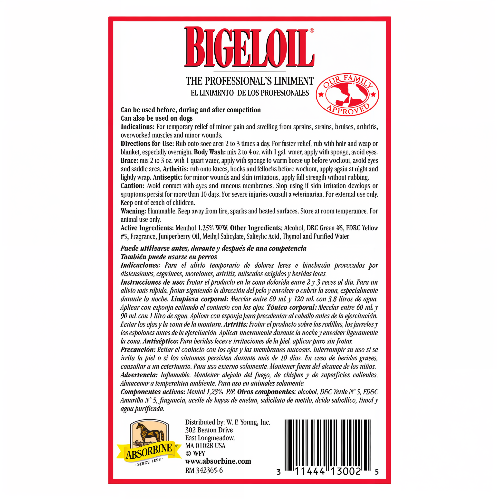 Bigeloil professional horse liniment, back label