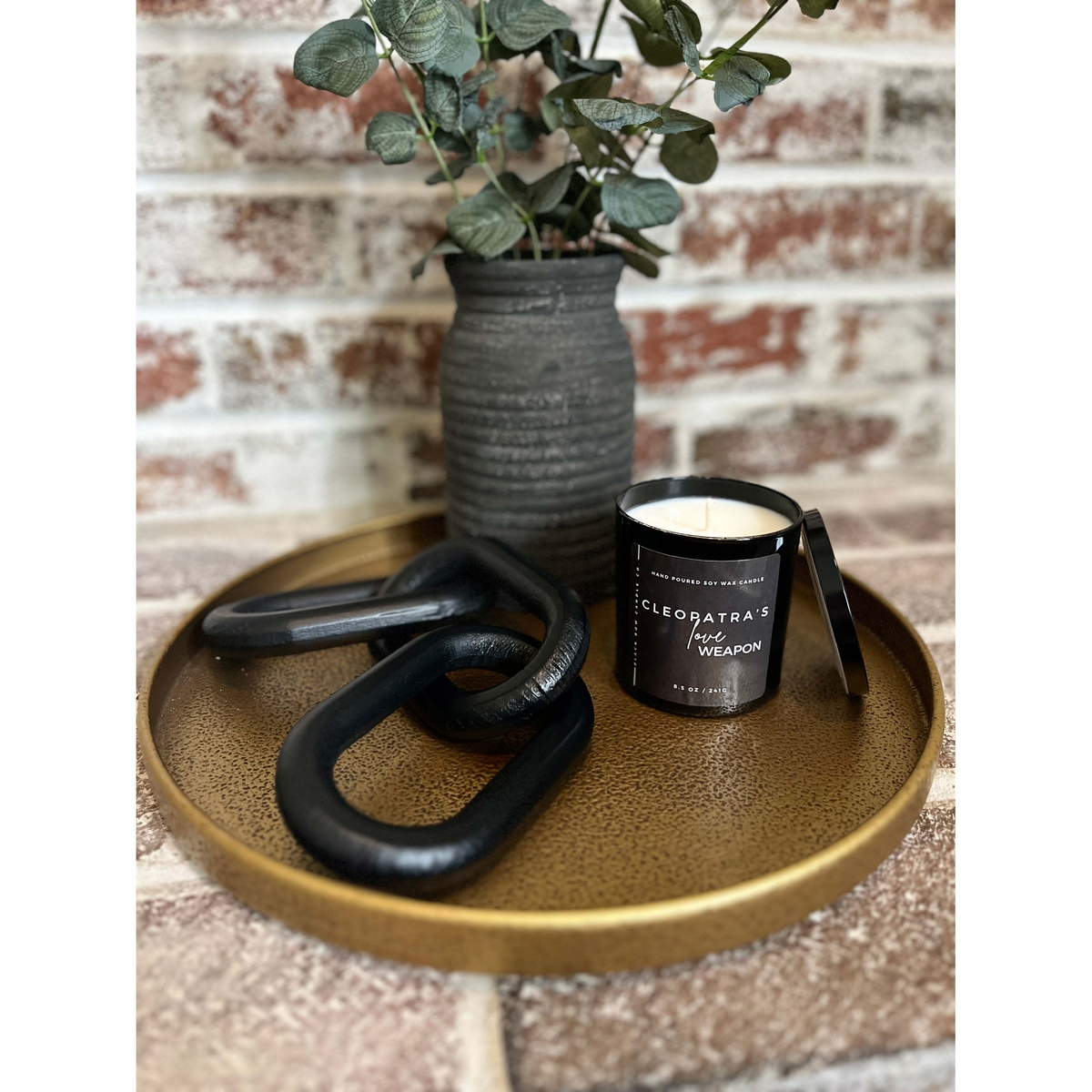 Black Bow Candle Co. Cleopatra's Love Weapon 17 oz 3-Wick Soy Candle -- lifestyle styled scene