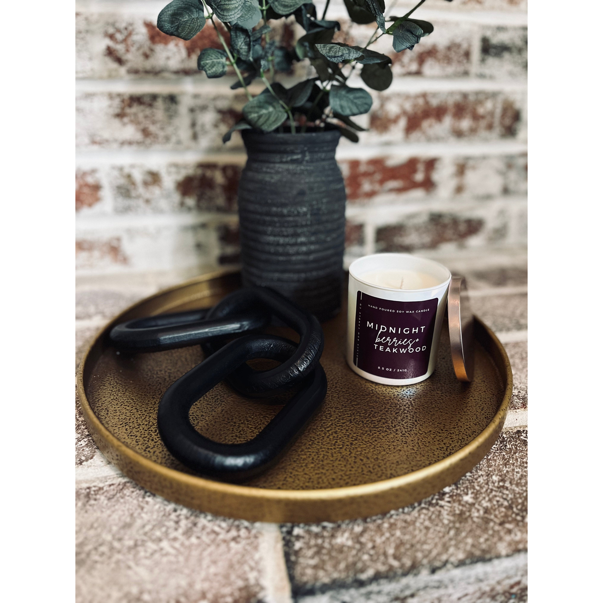 Black Bow Candle Co. Midnight Berries + Teakwood 17 oz 3-Wick Soy Candle -- lifestyle styled scene