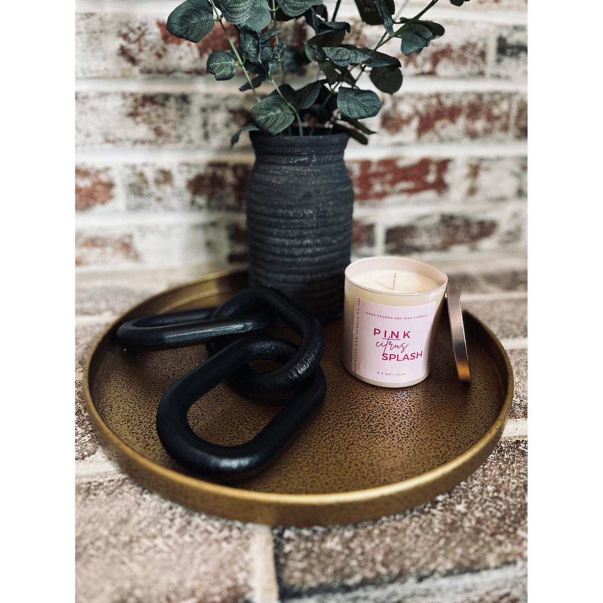 Black Bow Candle Co. Pink Citrus Splash 17 oz 3-Wick Soy Candle -- lifestyle styled scene