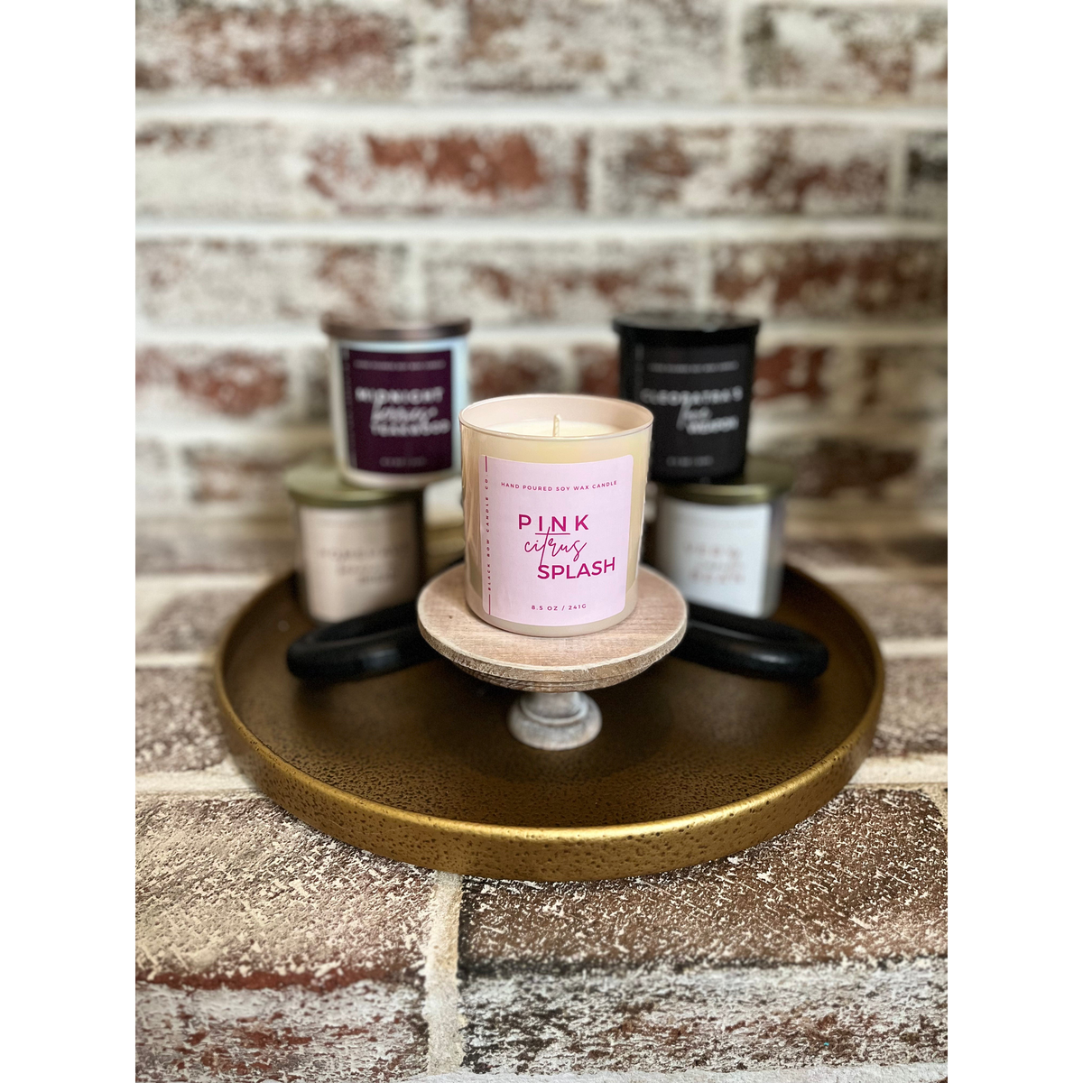 Black Bow Candle Co. Pink Citrus Splash 17 oz 3-Wick Soy Candle -- lifestyle styled scene with scent collection
