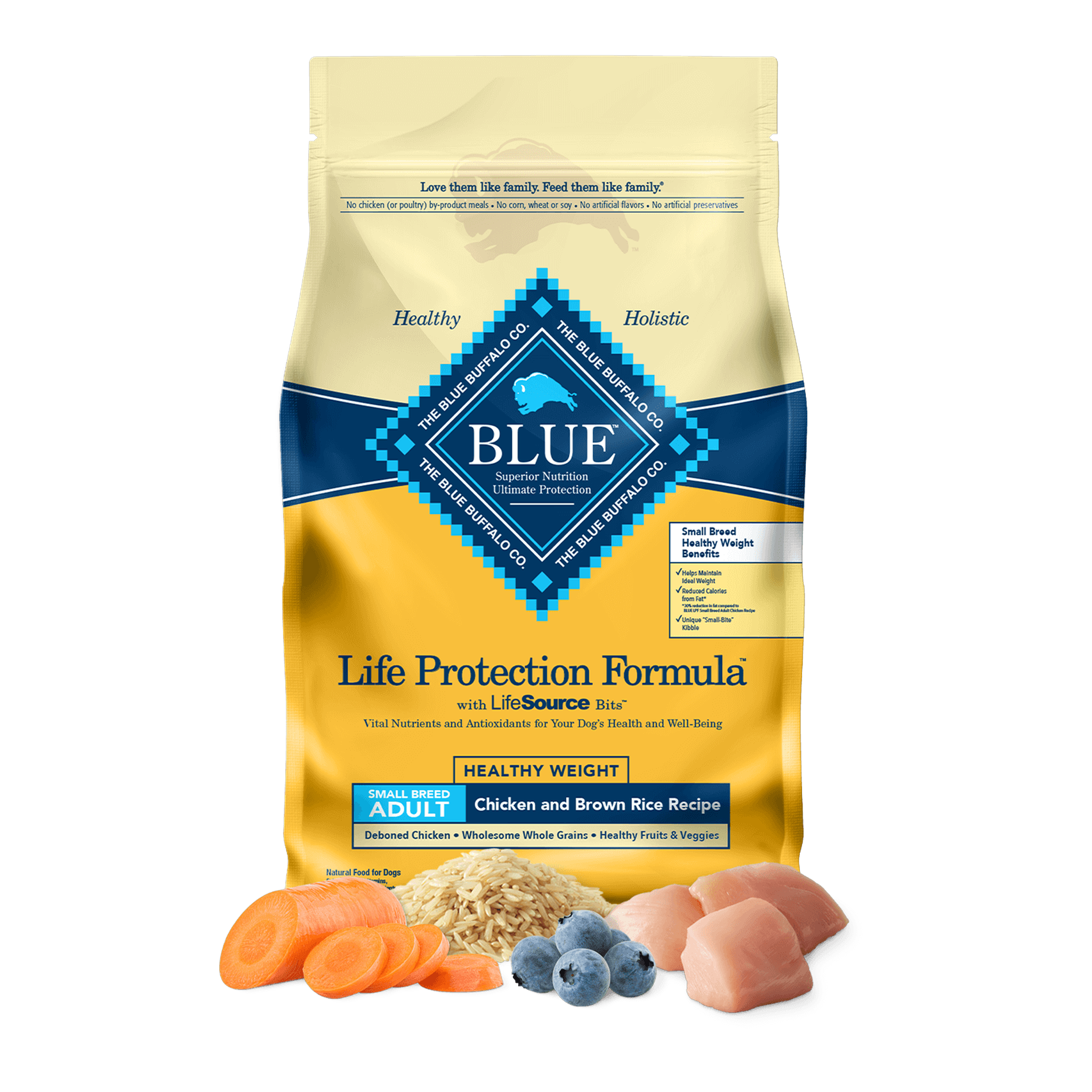 Blue Buffalo Life Protection Formula Small Breed Adult Healthy Weight Chicken and Brown Rice Recipe dry dog food bag