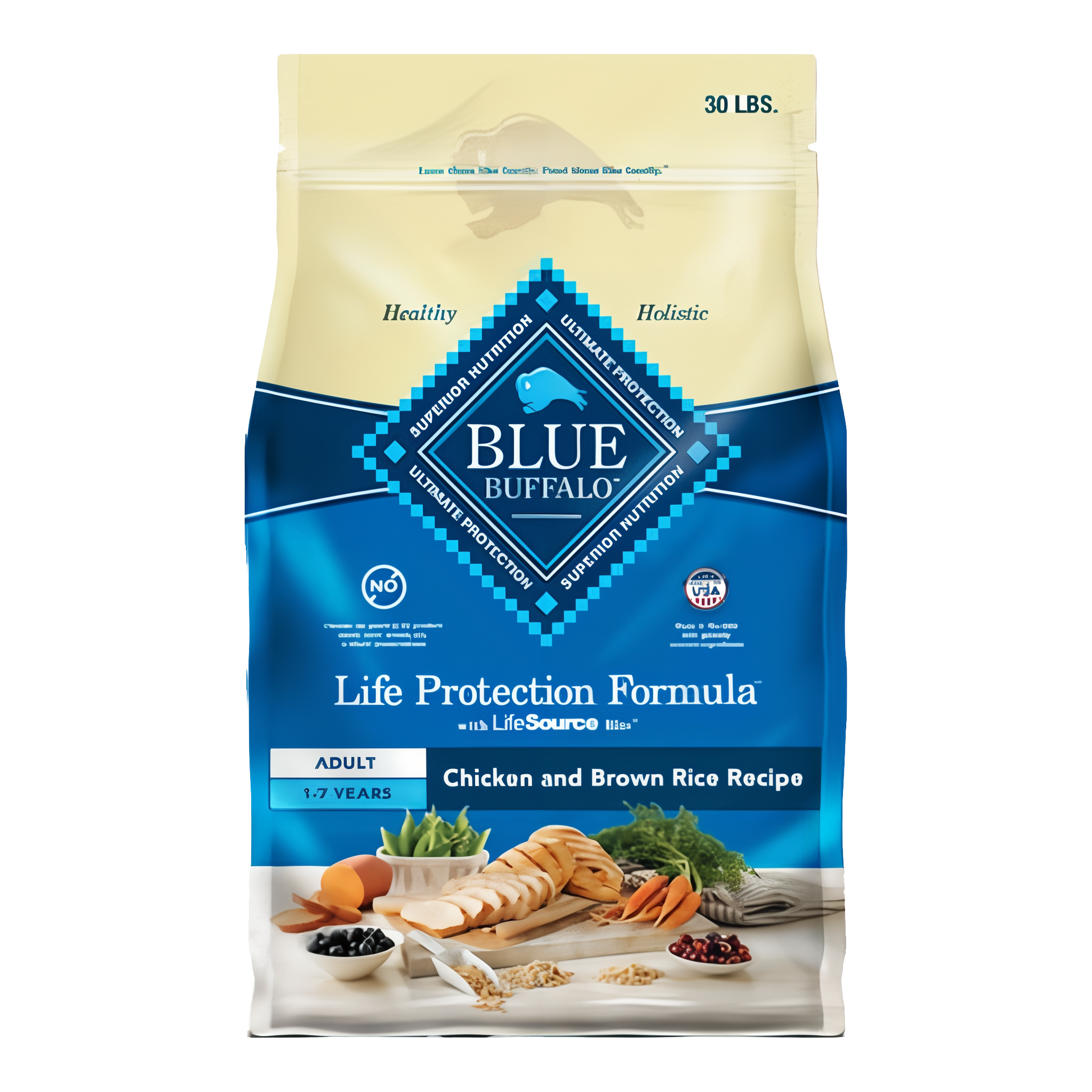 Blue Buffalo Life Protection adult dog food with chicken and brown rice, 15 lb bag.