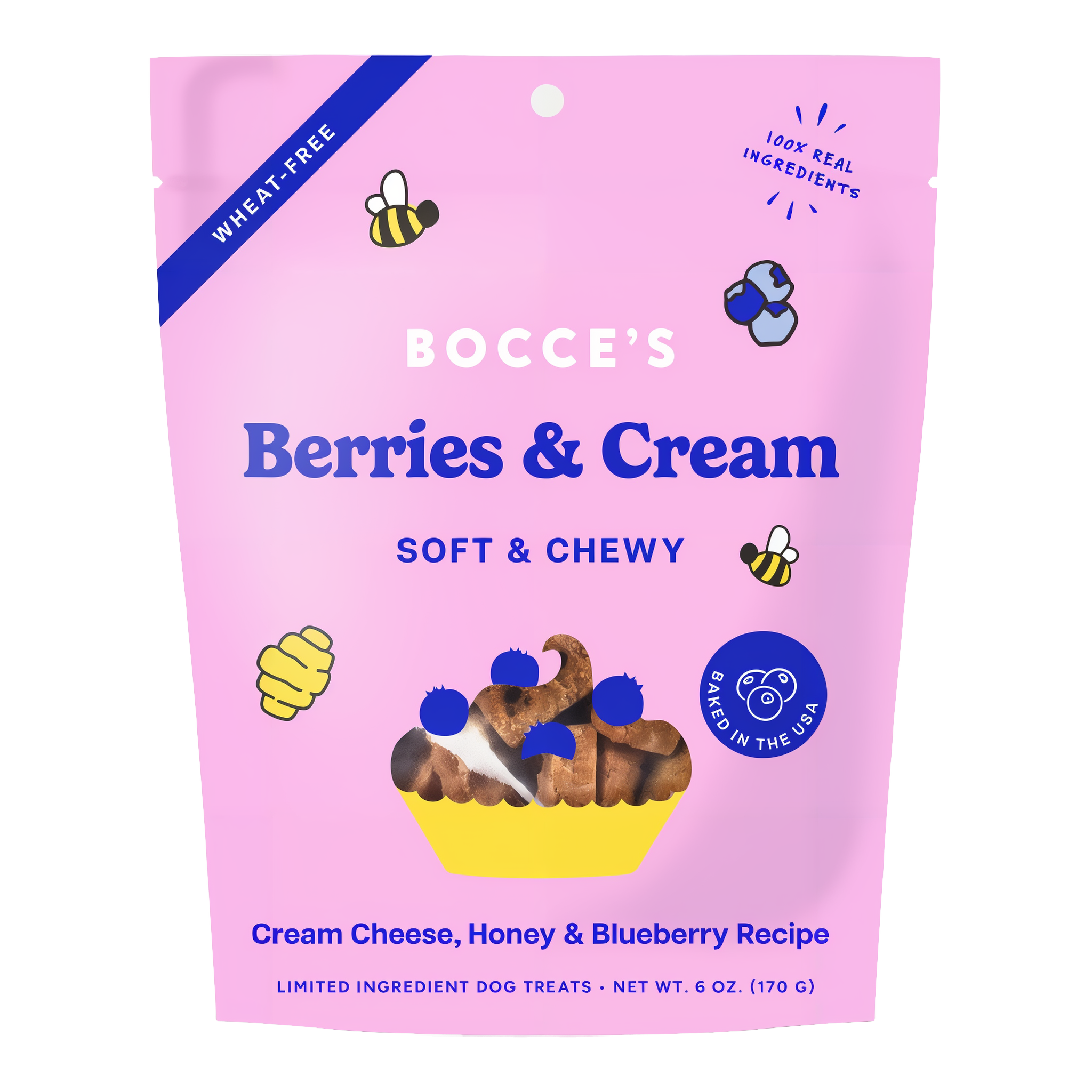 Bocce's Bakery Berries & Cream Soft & Chewy front of the 6 oz pink pouch, cream cheese honey and blueberry recipe marked wheat-free with 100 percent real ingredients and baked in the USA