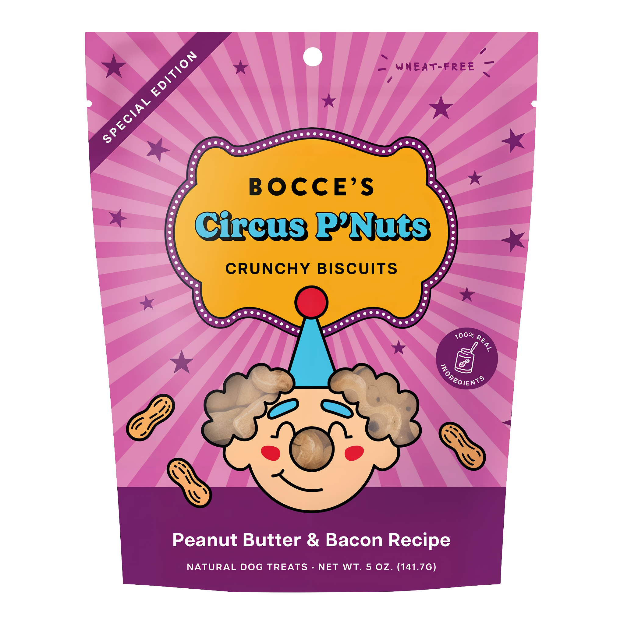 Bocce's Bakery Circus P'nuts peanut butter and bacon crunchy dog biscuits 5 oz pouch front