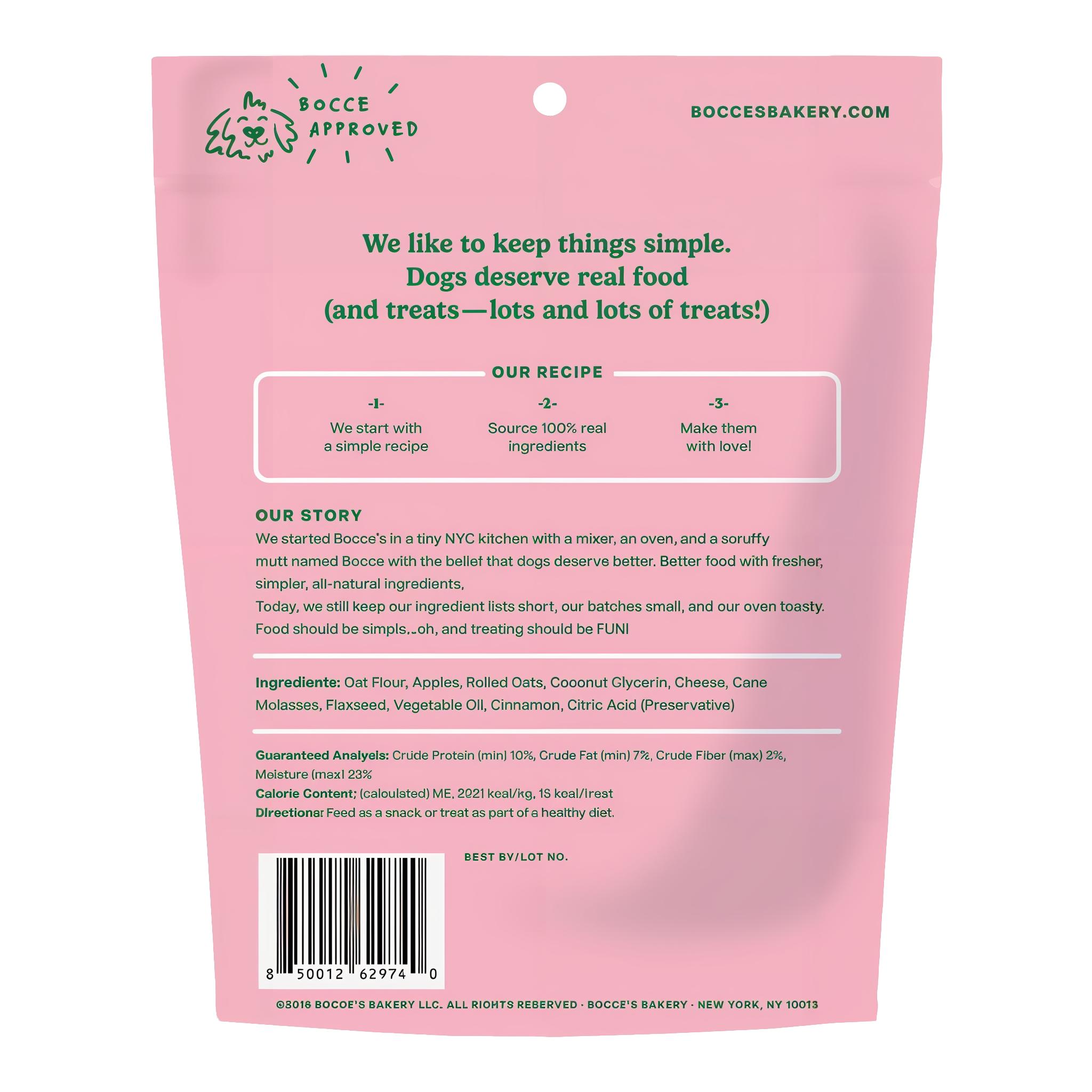 Fireside Apple Pie pouch back panel with ingredients, guaranteed analysis and feeding directions
