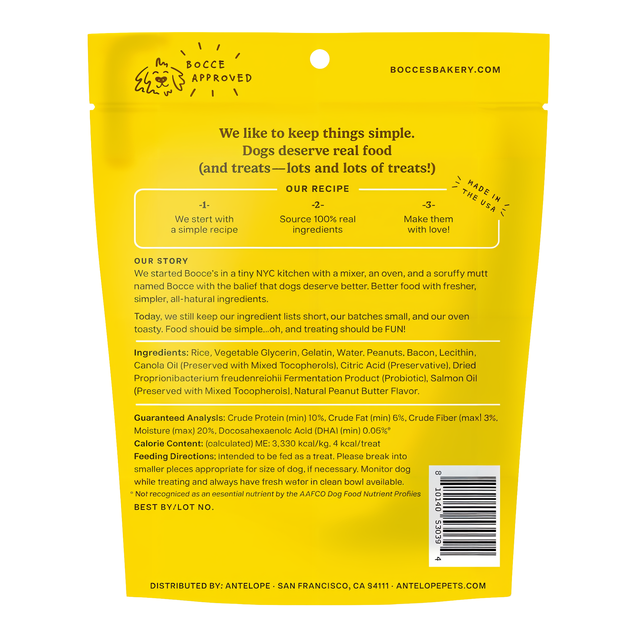 Bac'n Nutty puppy training treats pouch back panel with ingredients, guaranteed analysis and feeding directions