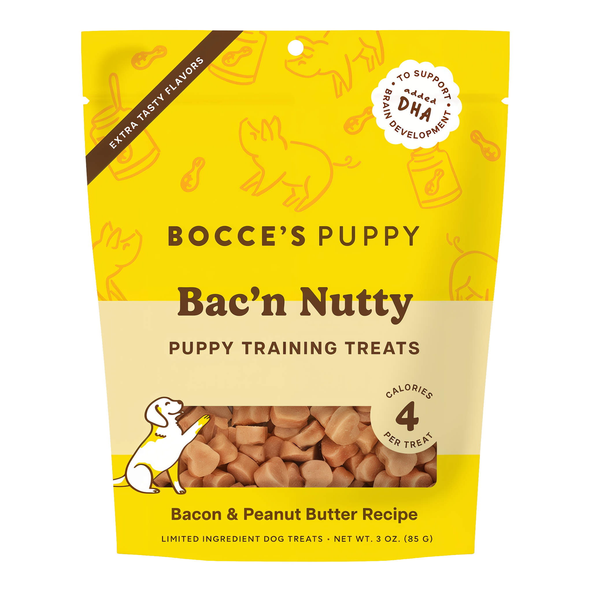 Bocce's Puppy Bac'n Nutty puppy training treats 3 oz pouch front, bacon and peanut butter recipe with added DHA