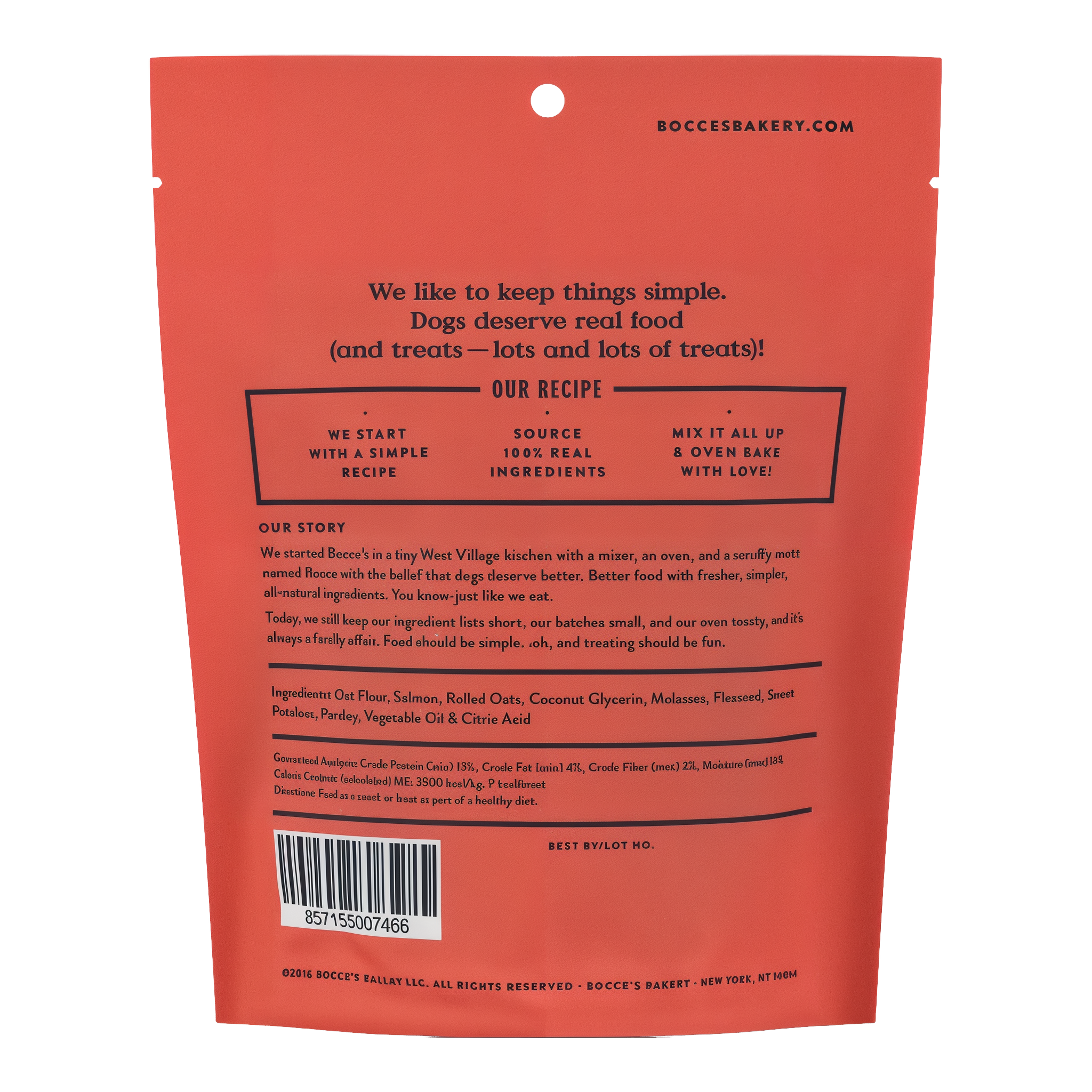 Back of the Bocce's Bakery Salmon Soft & Chewy pouch showing the salmon ingredient list, guaranteed analysis, 9 kcal per treat calorie content and feeding directions