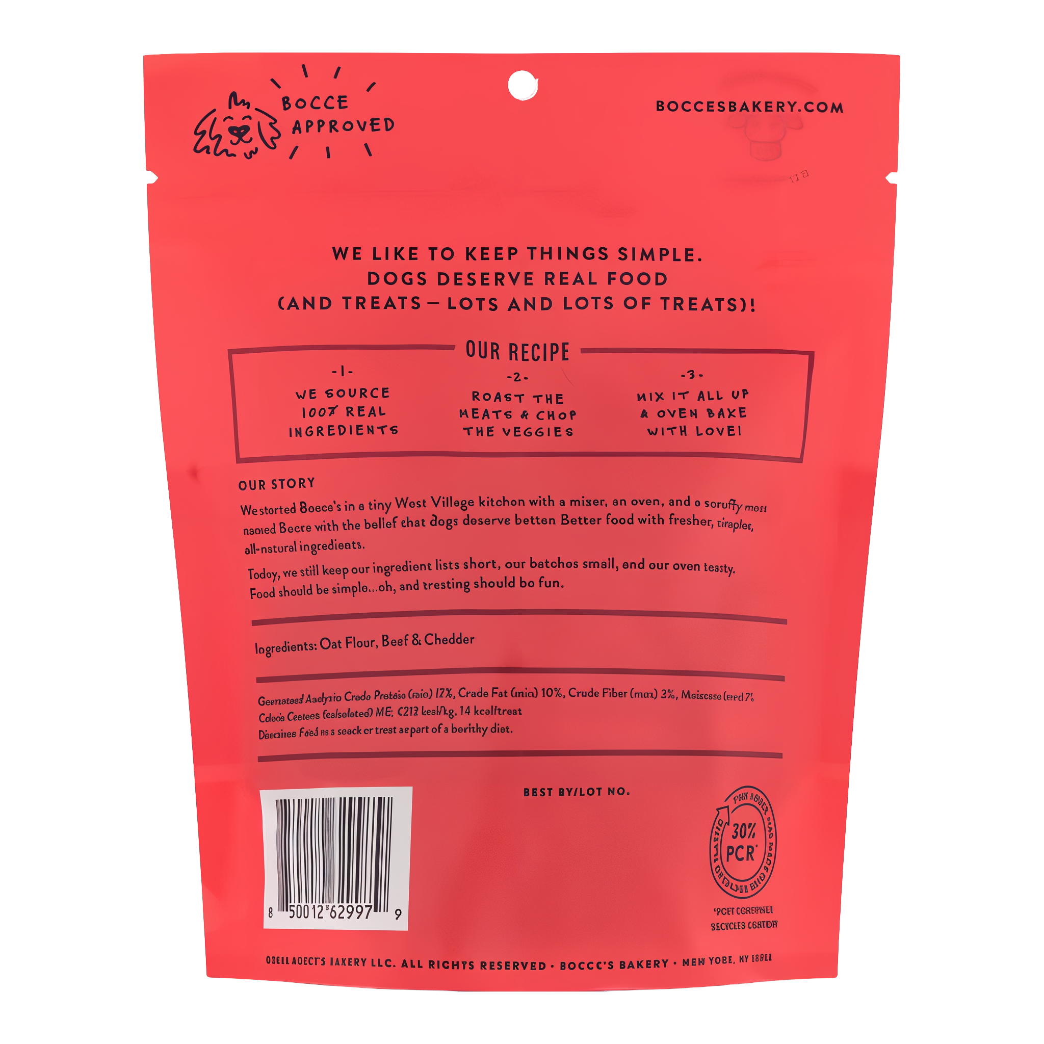 Back of the Bocce's Bakery Say Moo Everyday Biscuits pouch showing the ingredient list, guaranteed analysis, calorie content of 14 kcal per treat and feeding directions