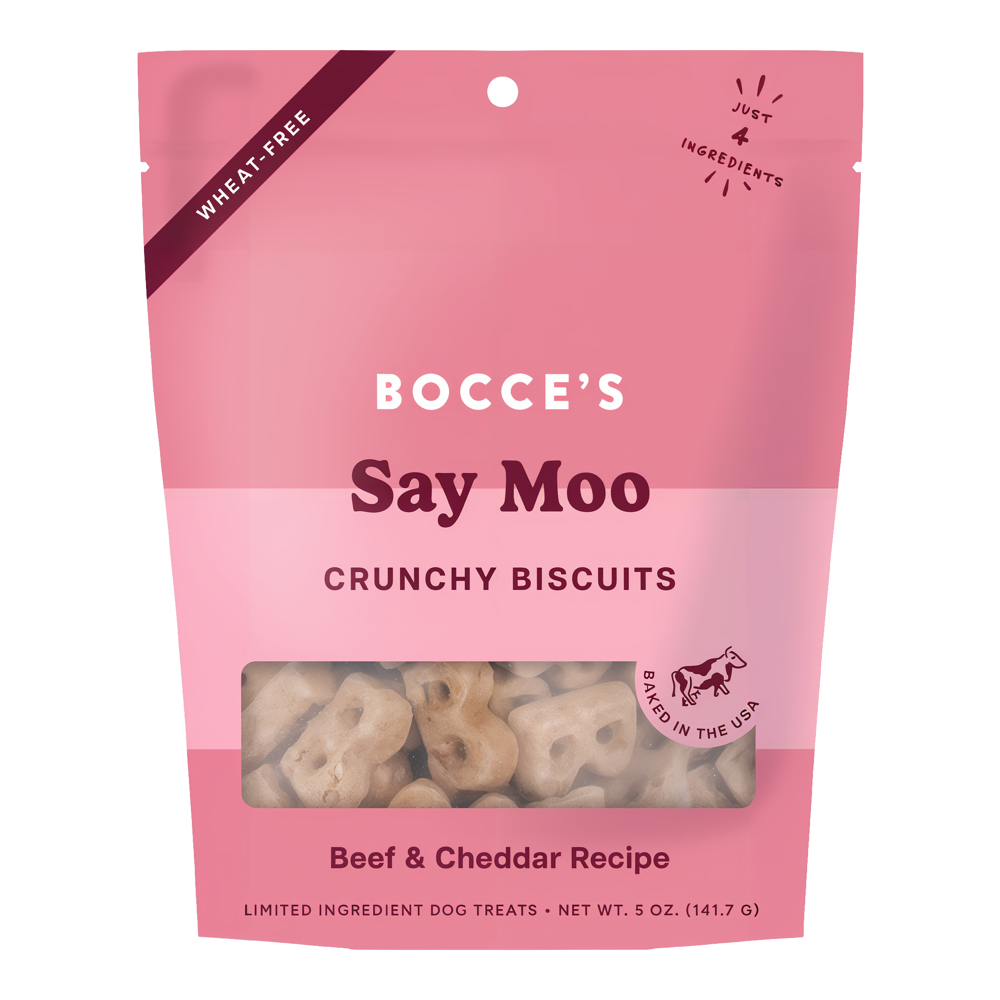 Bocce's Bakery Say Moo Everyday Biscuits front of the 5 oz pink pouch, beef and cheddar recipe crunchy biscuits marked wheat-free with just 4 ingredients and baked in the USA