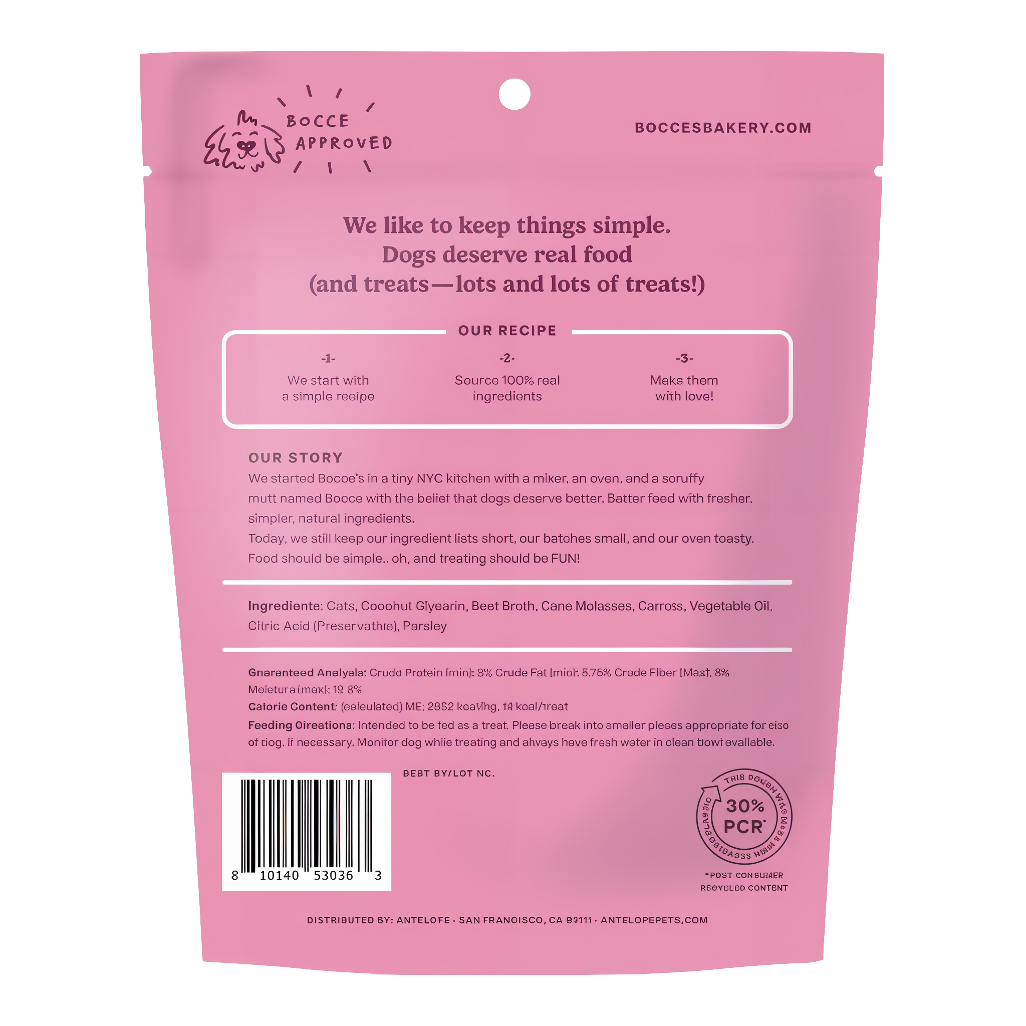 Back of Bocce's Bone Broth Soft & Chewy pouch showing ingredients, guaranteed analysis and feeding directions
