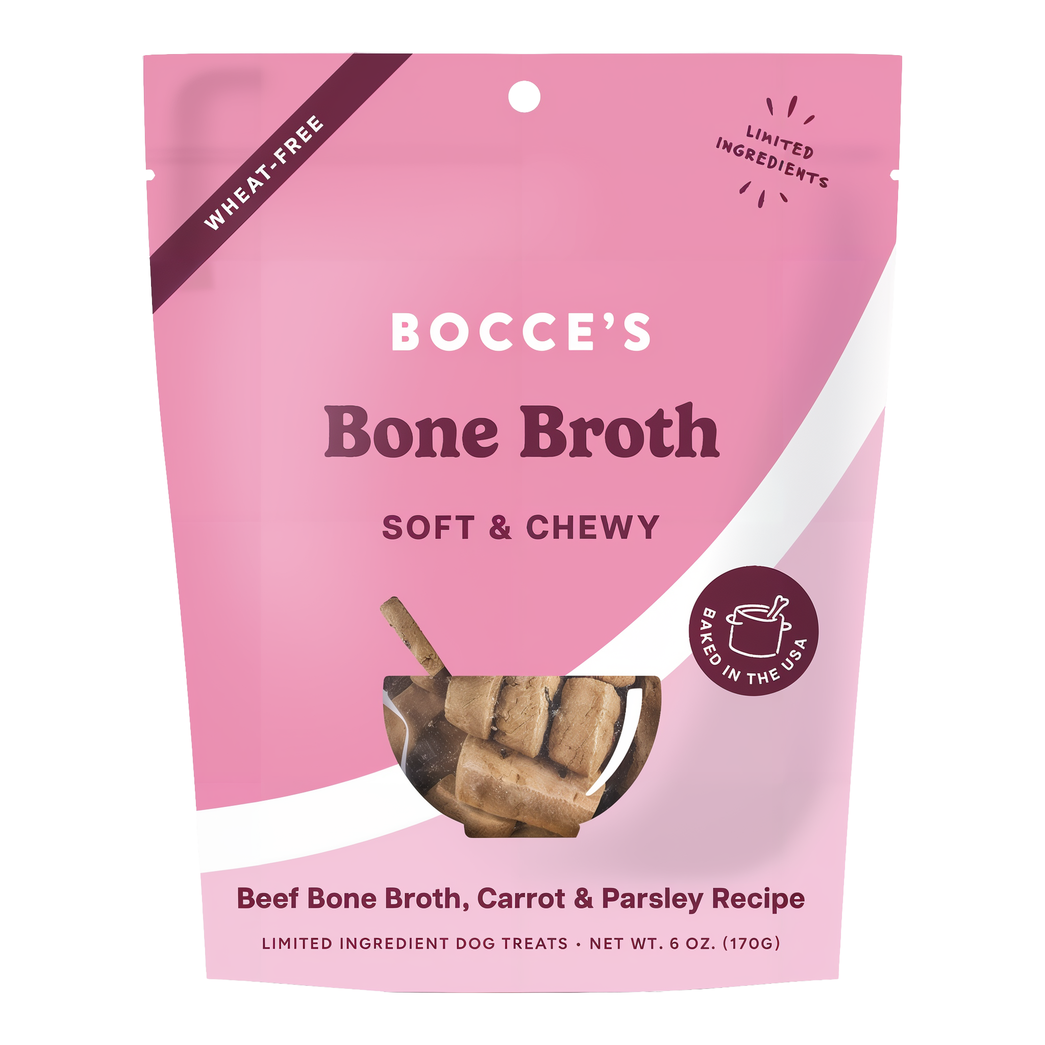 Bocce's Bakery Bone Broth Soft & Chewy dog treats 6 oz pouch front, beef bone broth, carrot and parsley recipe
