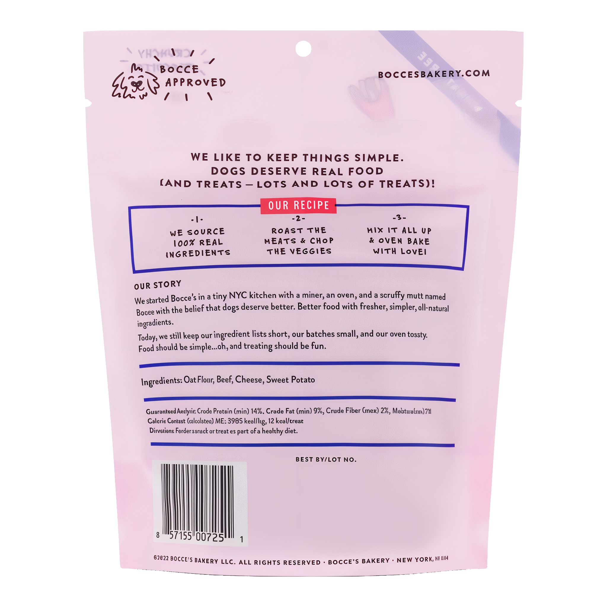 Back of Bocce's Bakery Burgers & Fries biscuit bag showing ingredients, guaranteed analysis and feeding directions