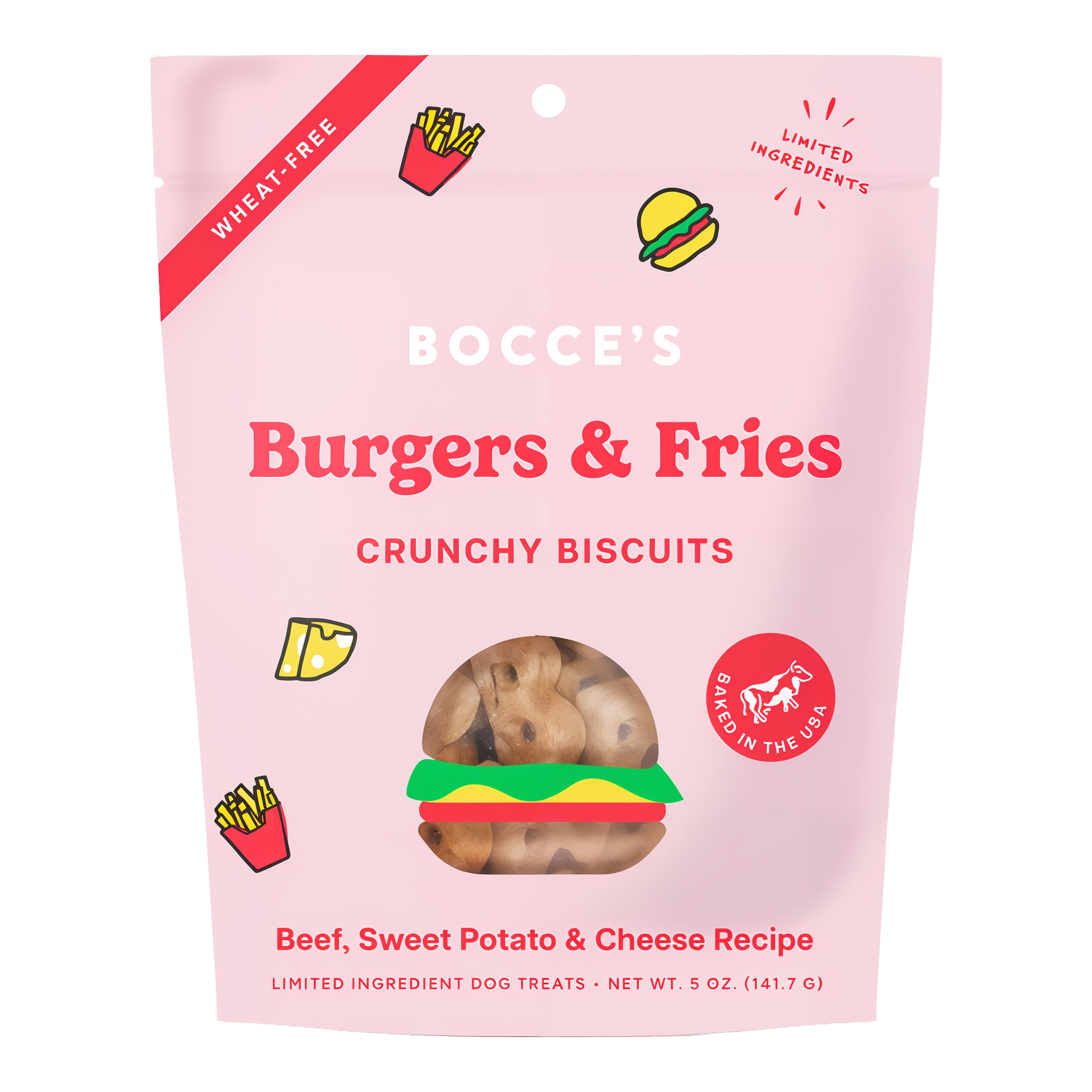 Bocce's Bakery Burgers & Fries Summer Biscuits 5 oz bag front, beef, sweet potato and cheese crunchy dog biscuits