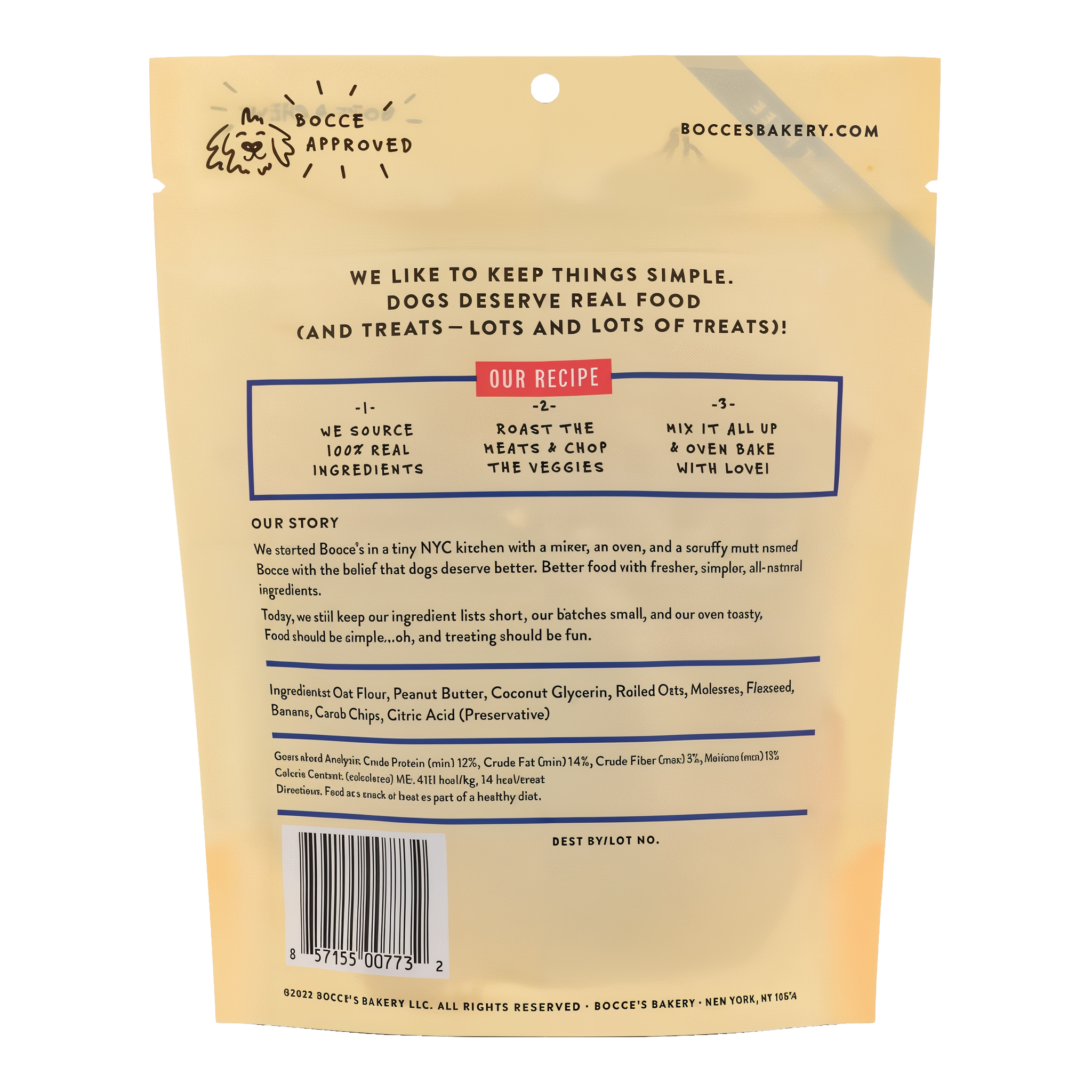 Back of Bocce's PB-Banana Chip bag showing ingredients, guaranteed analysis and feeding directions