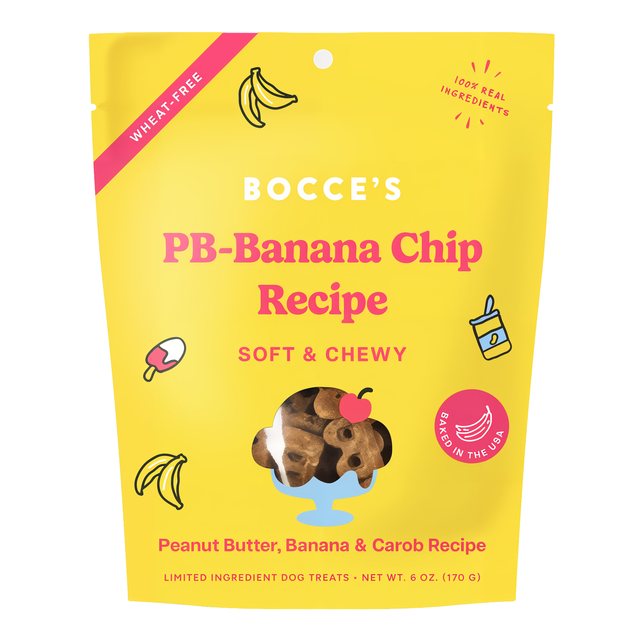 Bocce's Bakery PB-Banana Chip soft & chewy dog treats 6 oz bag front, peanut butter, banana and carob recipe