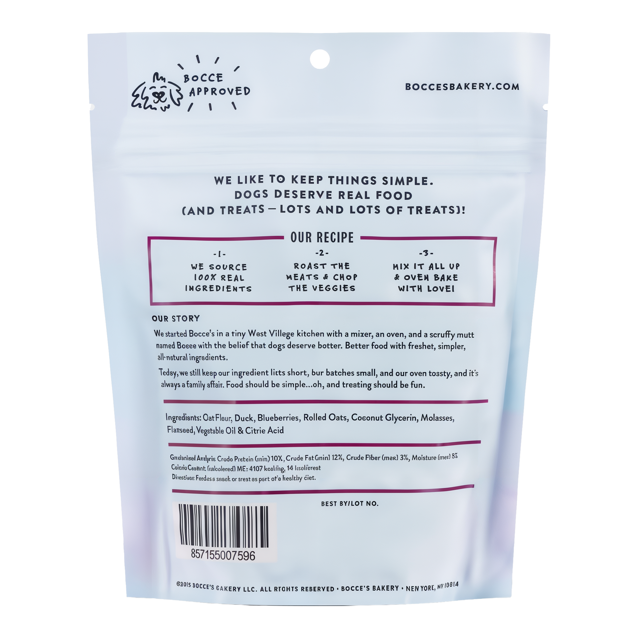 Back of Bocce's Quack, Quack, Quack bag showing ingredients, guaranteed analysis and feeding directions