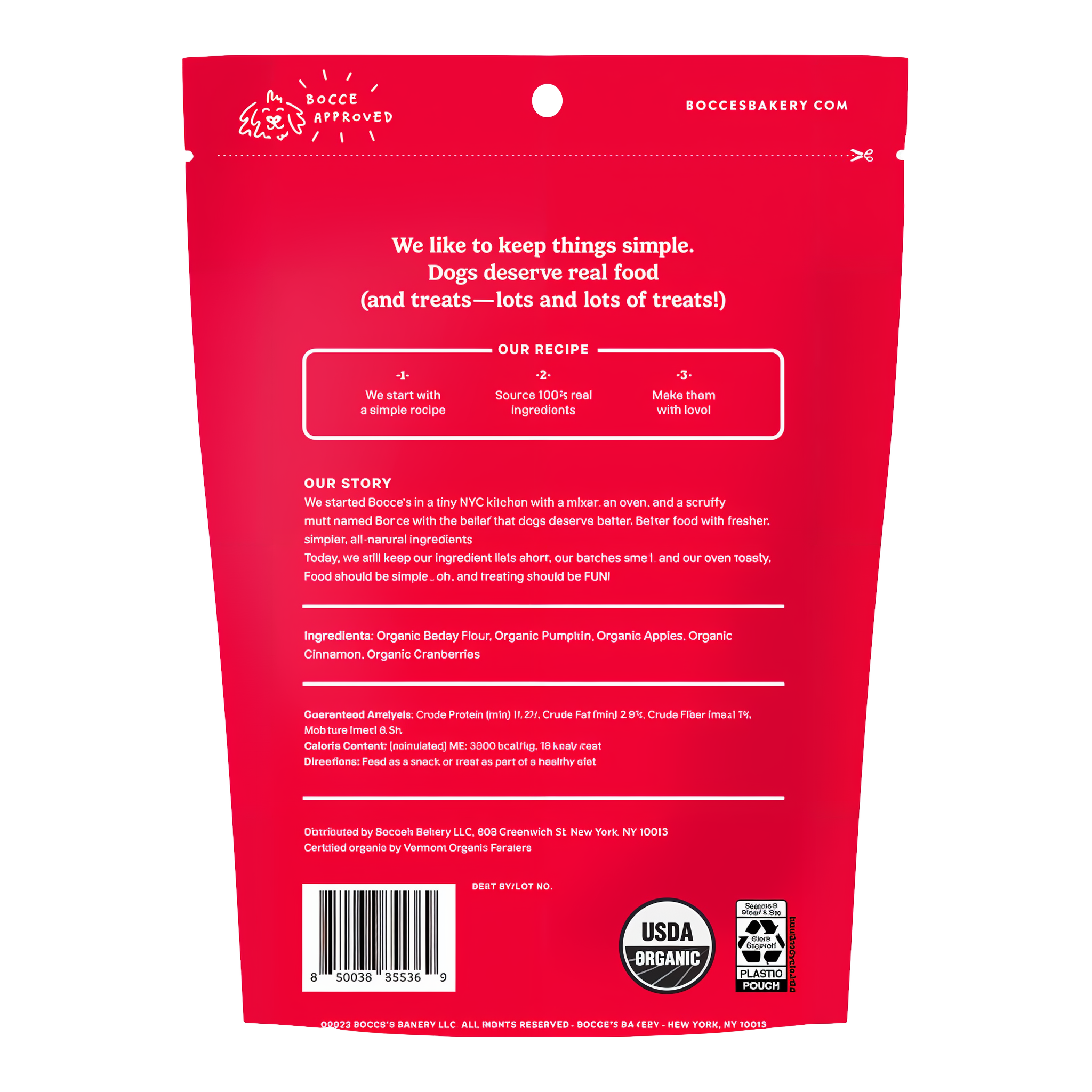 Back of Bocce's Pumpk'n Harvest bag showing organic ingredients, guaranteed analysis and USDA Organic seal