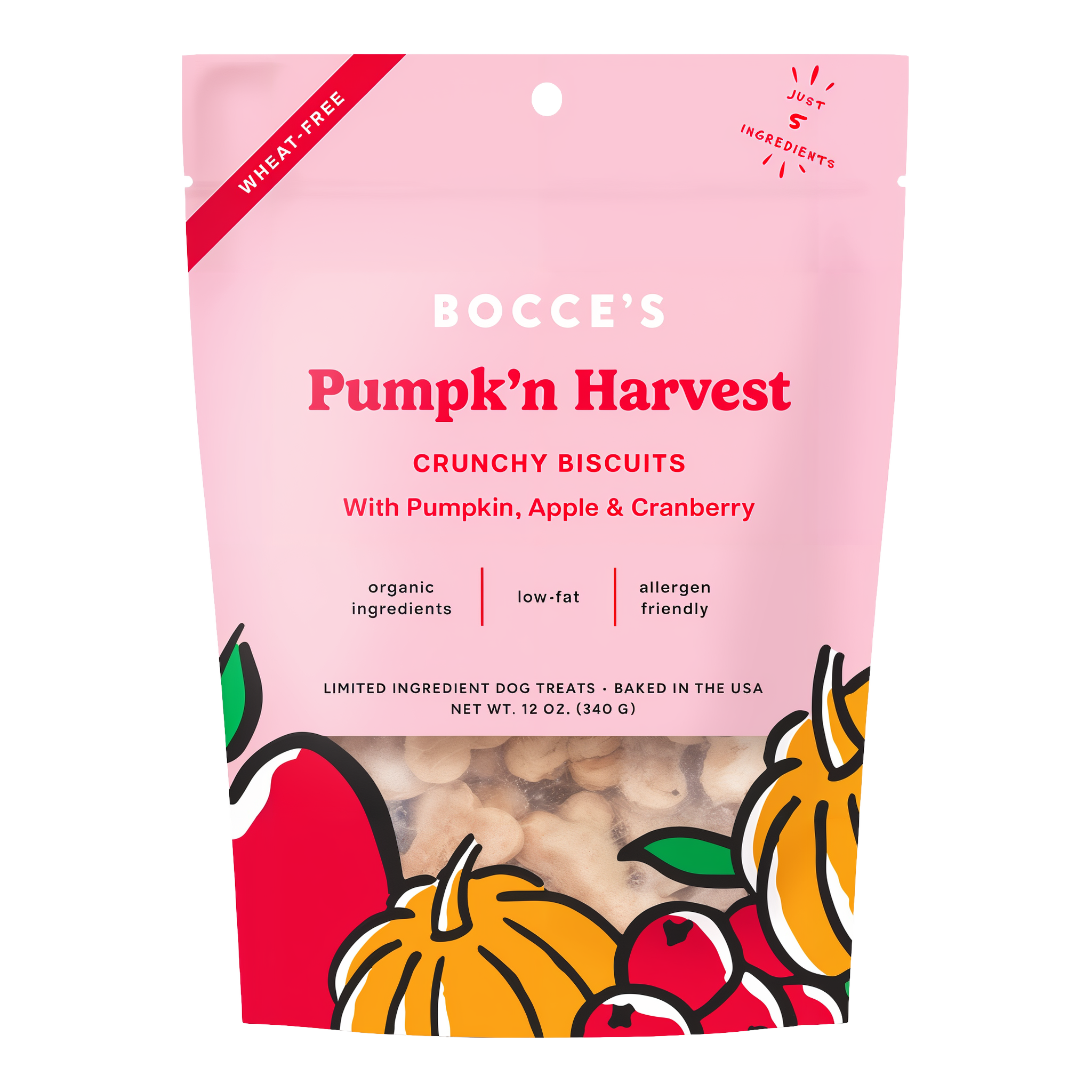 Bocce's Bakery Pumpk'n Harvest organic dog biscuits 12 oz bag front with pumpkin, apple and cranberry