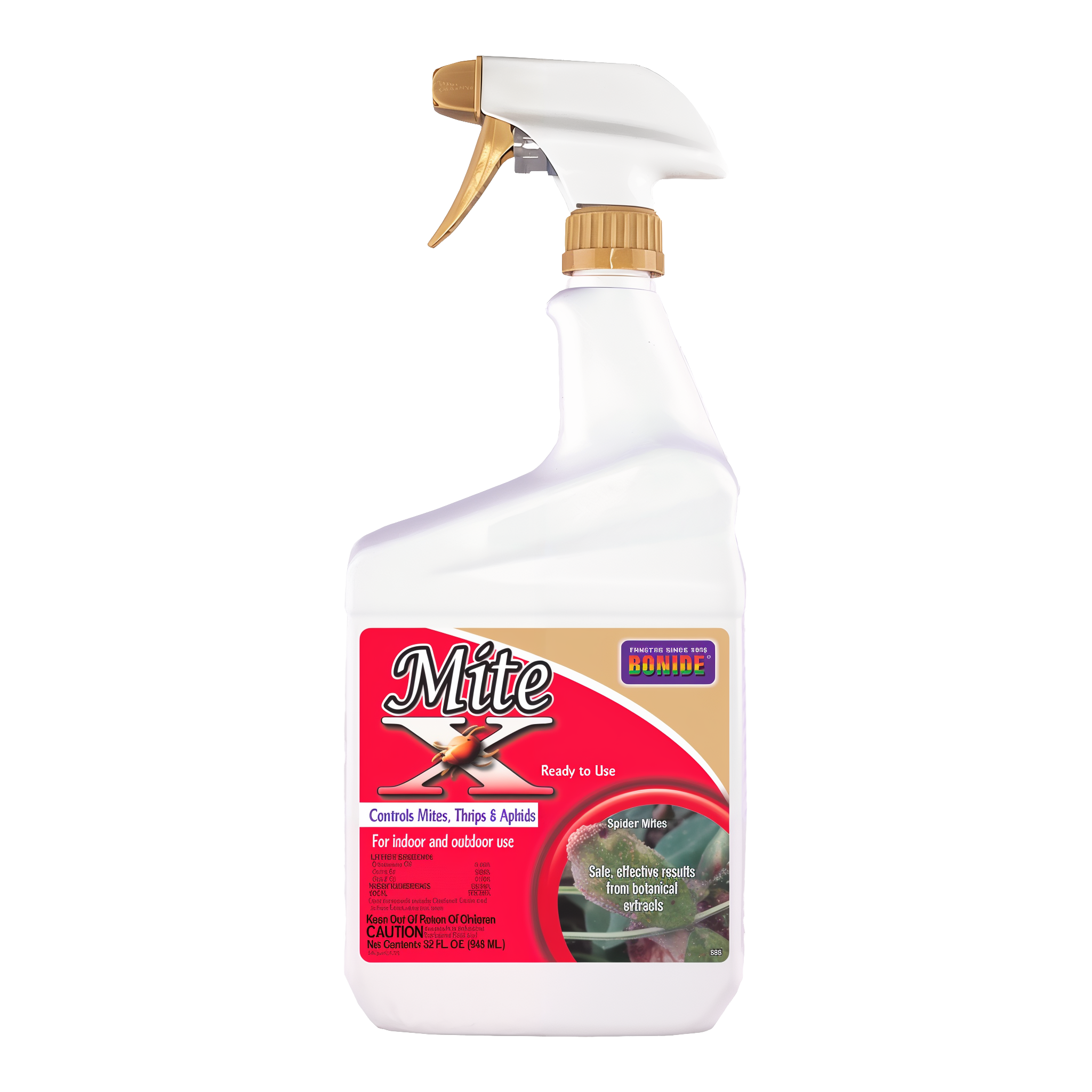 Bonide Mite-X Ready-To-Use 32 fl oz trigger spray bottle with red and tan label, BONIDE logo, Controls Mites Thrips and Aphids, For indoor and outdoor use, botanical extracts active ingredients cottonseed clove and garlic oils