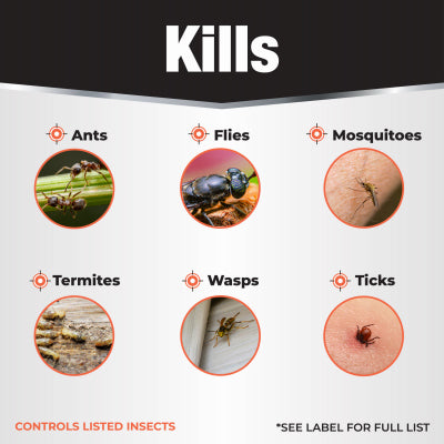 Bonide Termite & Carpenter Ant Killer kills infographic showing target pests ants flies mosquitoes termites wasps ticks per label