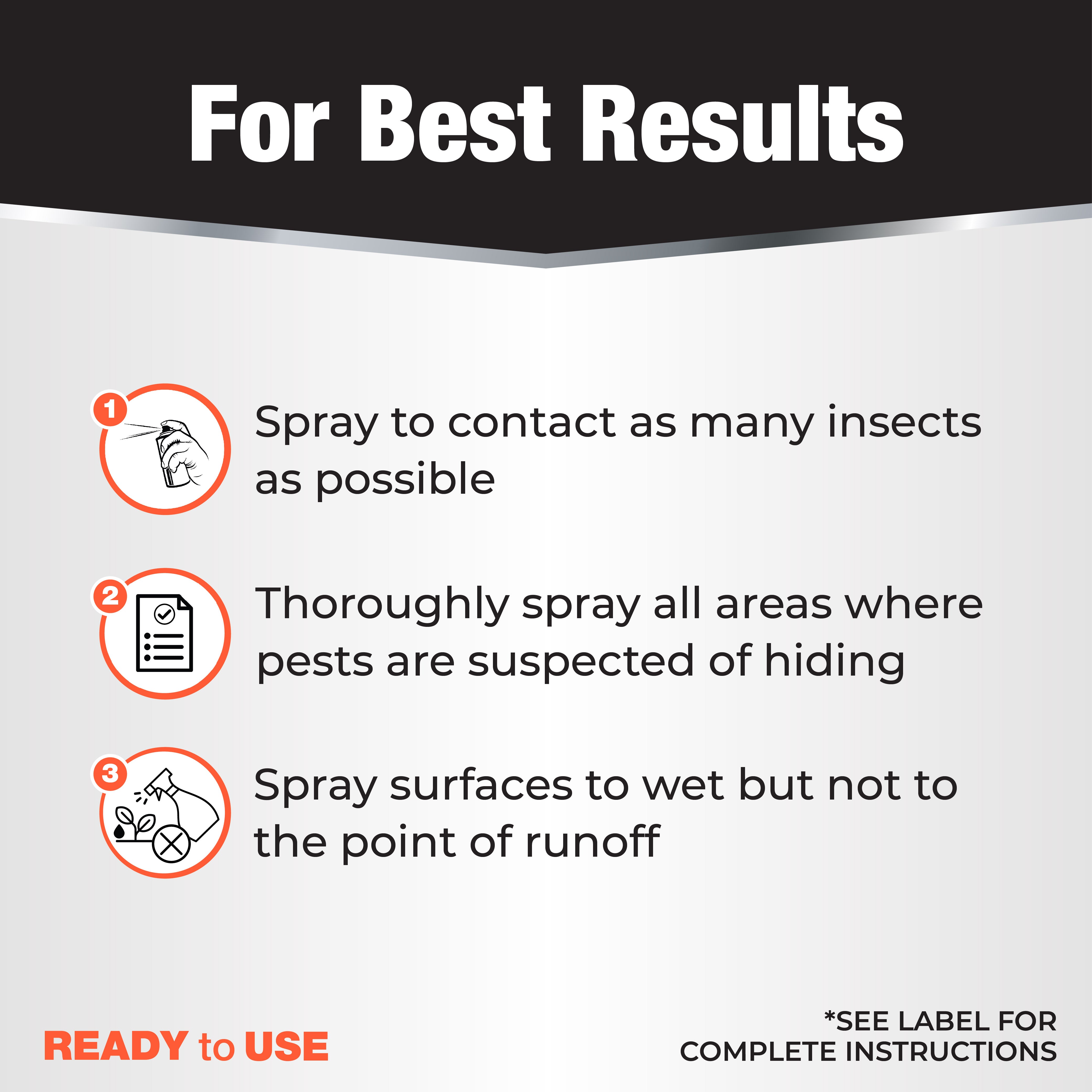 Bonide REVENGE Termite & Carpenter Ant aerosol For Best Results infographic with three step usage guide spray to contact pests cover suspected hiding areas spray to wet without runoff Ready to Use