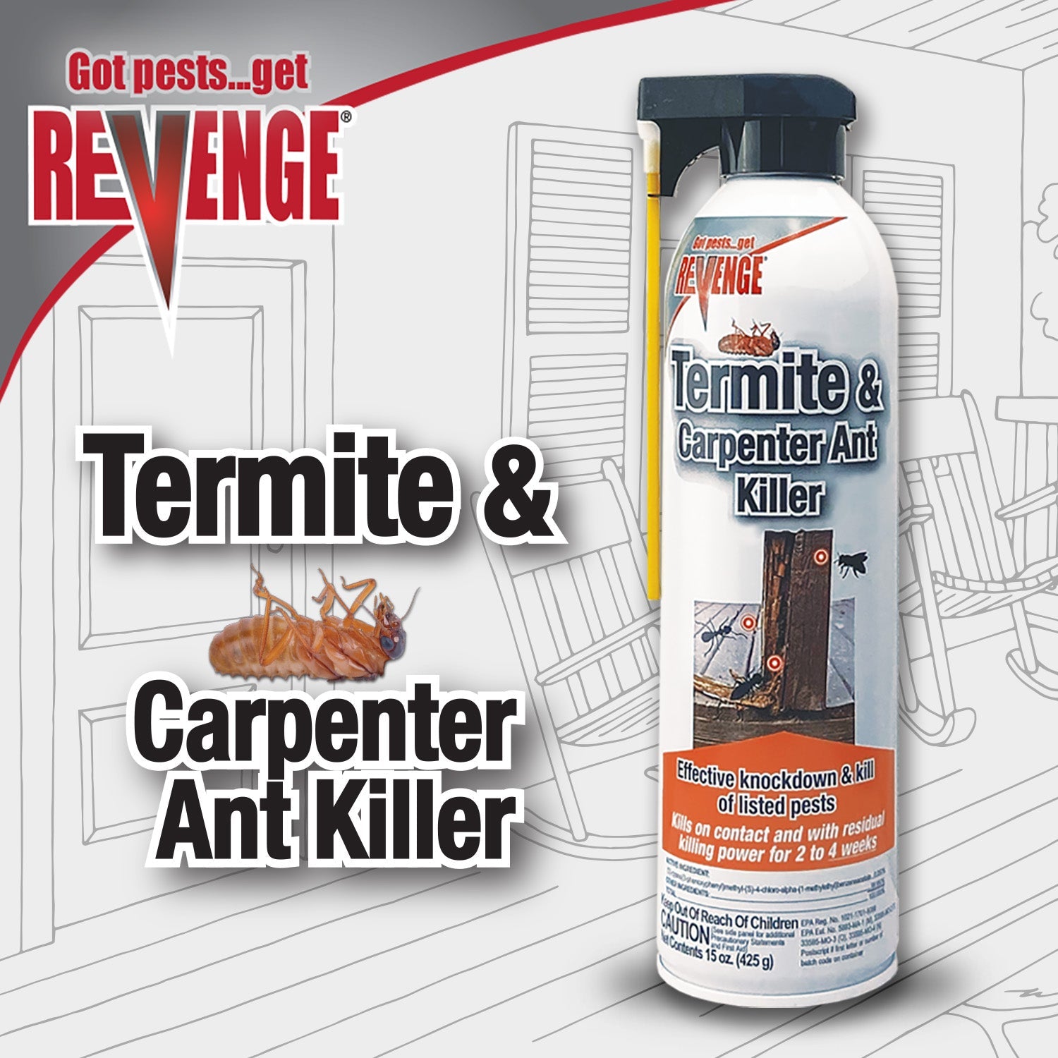 Bonide REVENGE Termite & Carpenter Ant Killer aerosol lifestyle promotional image with Got pests get REVENGE branding and termite illustration on porch background