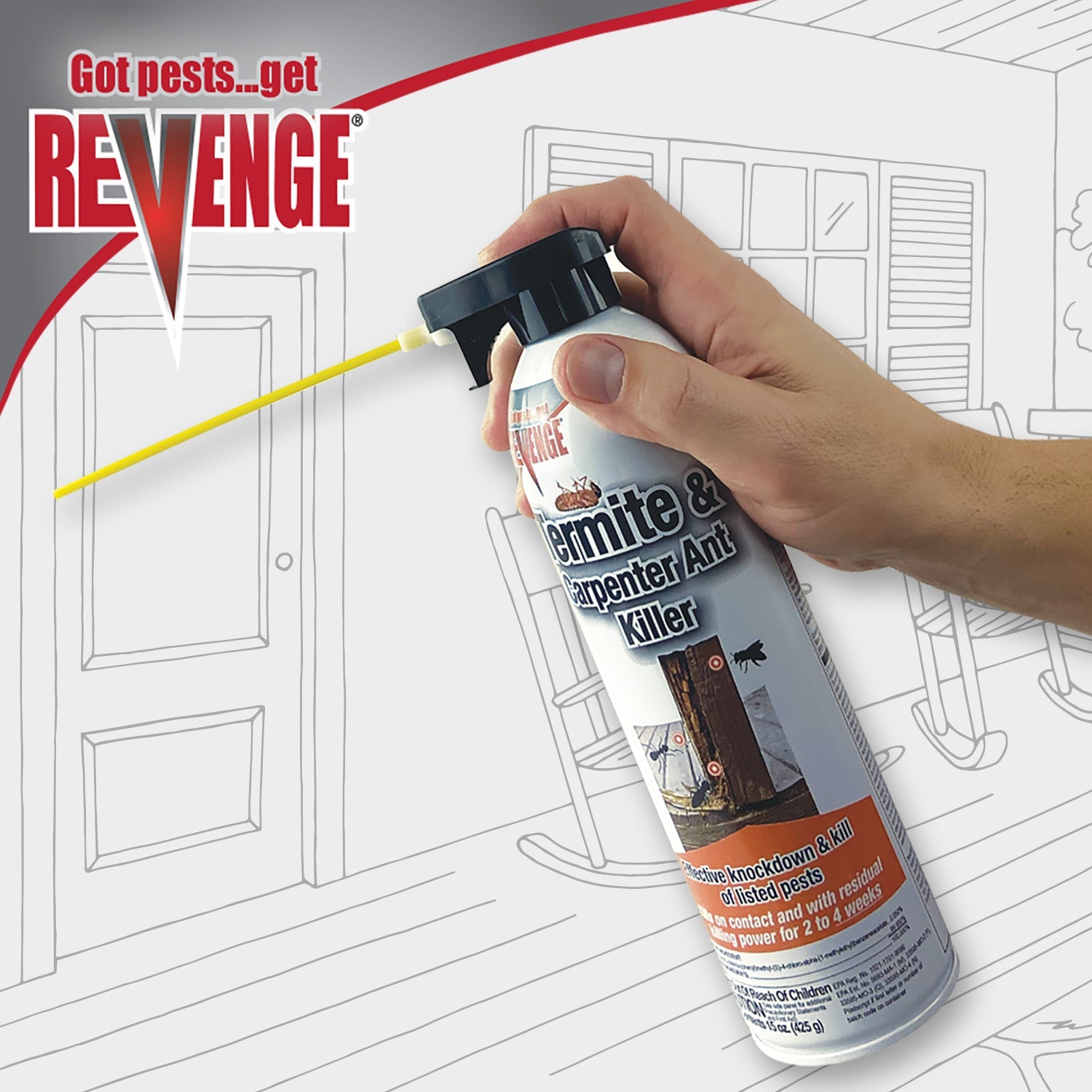 Hand demonstrating spray application of Bonide REVENGE Termite & Carpenter Ant Killer aerosol with yellow extension straw extended for crack and crevice treatment
