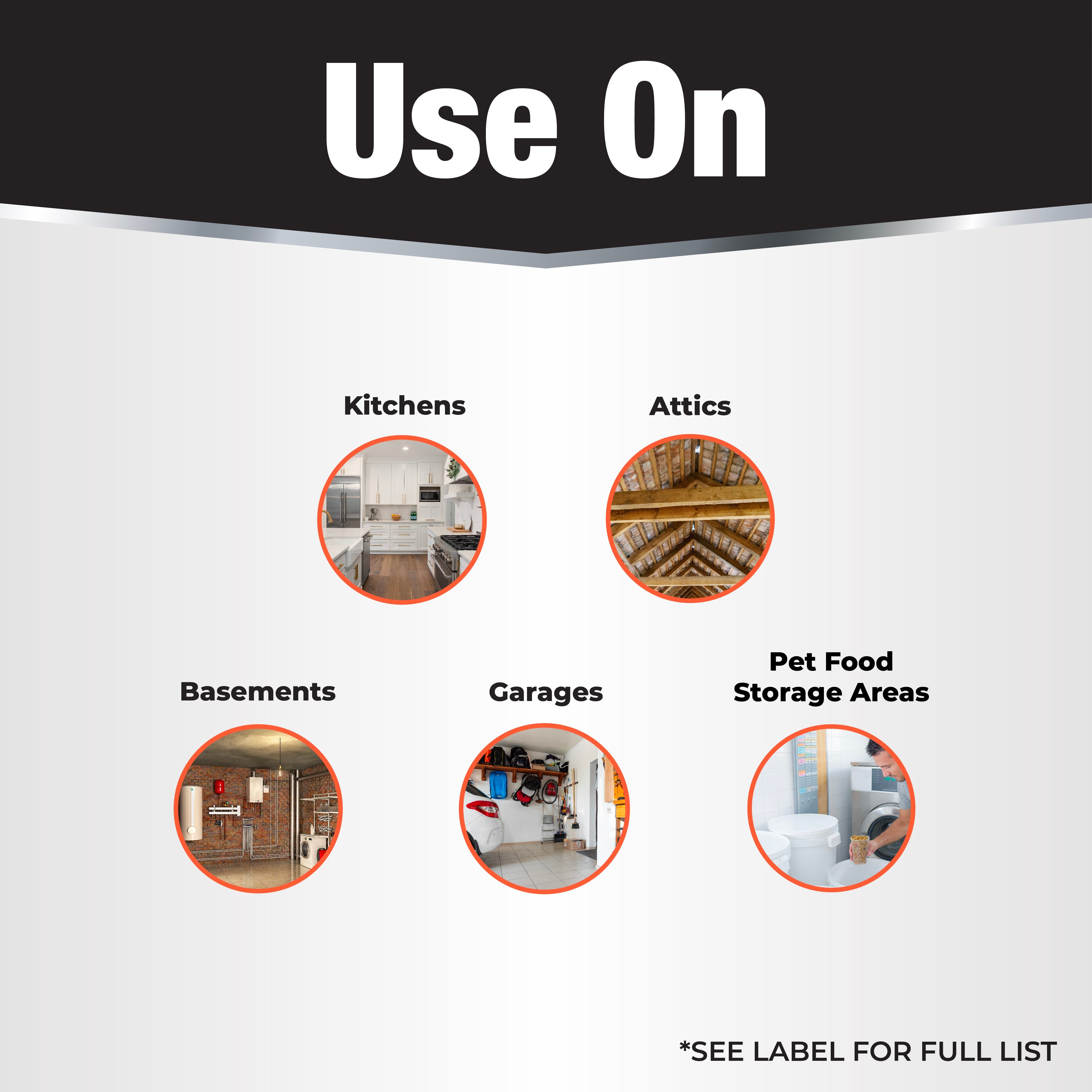 Bonide REVENGE Termite & Carpenter Ant aerosol Use On infographic showing approved application areas kitchens attics basements garages pet food storage areas