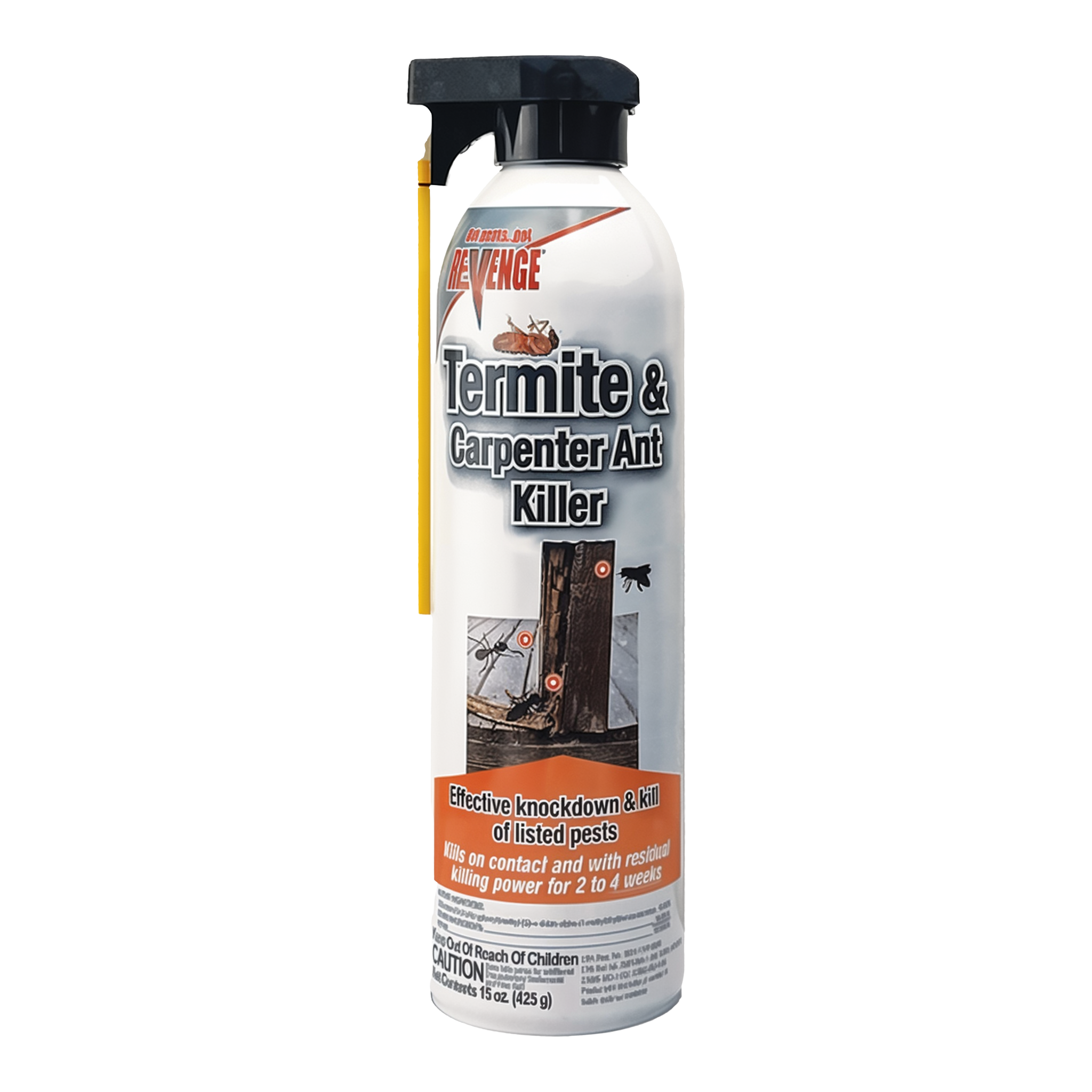 Bonide REVENGE Termite & Carpenter Ant Killer 15 oz aerosol can with yellow extension straw attached, white can with red REVENGE branding, kills on contact with 2-4 week residual, CAUTION signal word, EPA Reg 1021-1701-8398
