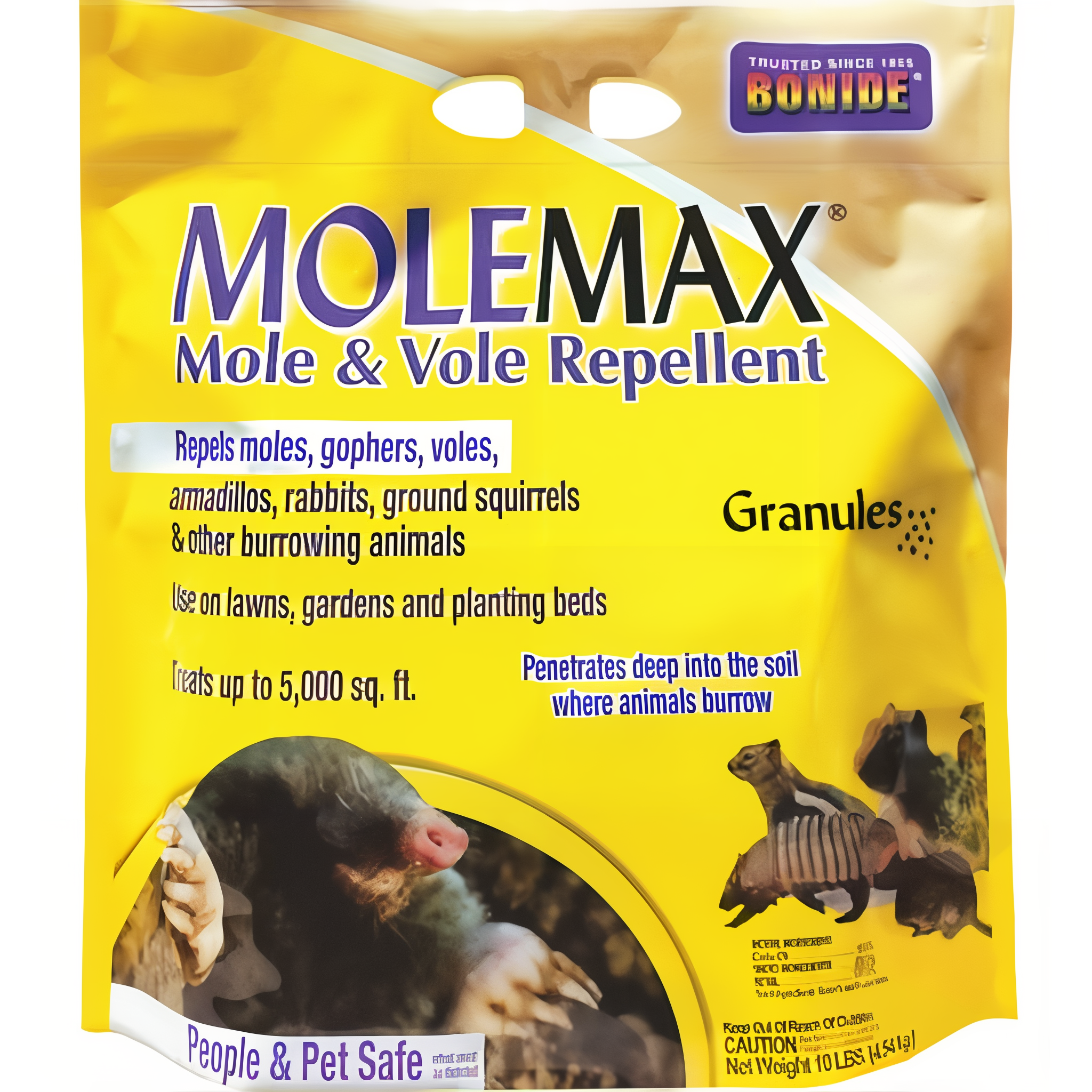 Bonide Mole Max Mole & Vole Repellent Granules, 10 lb bag for effective pest control.