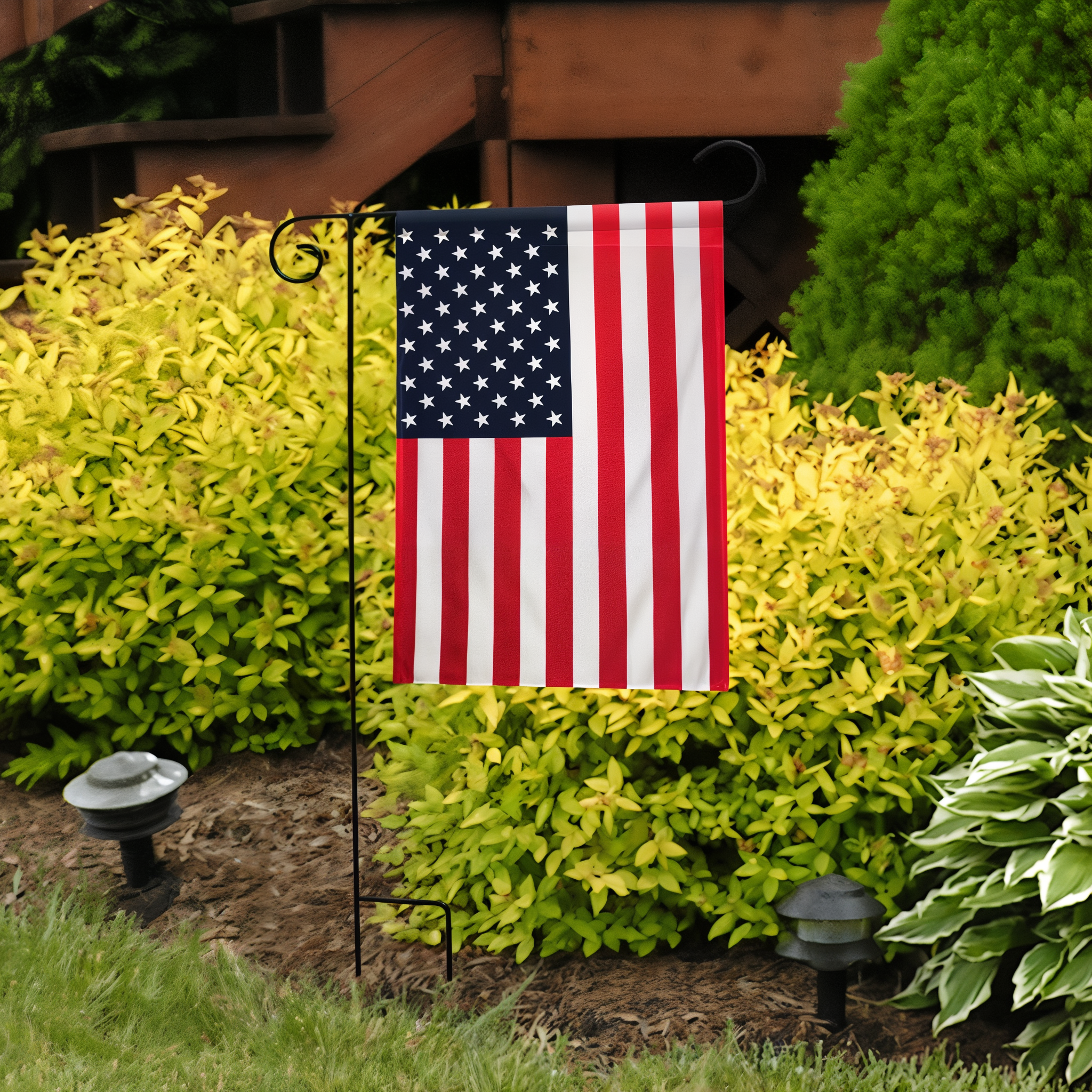 American Flag Garden Flag displayed outdoors