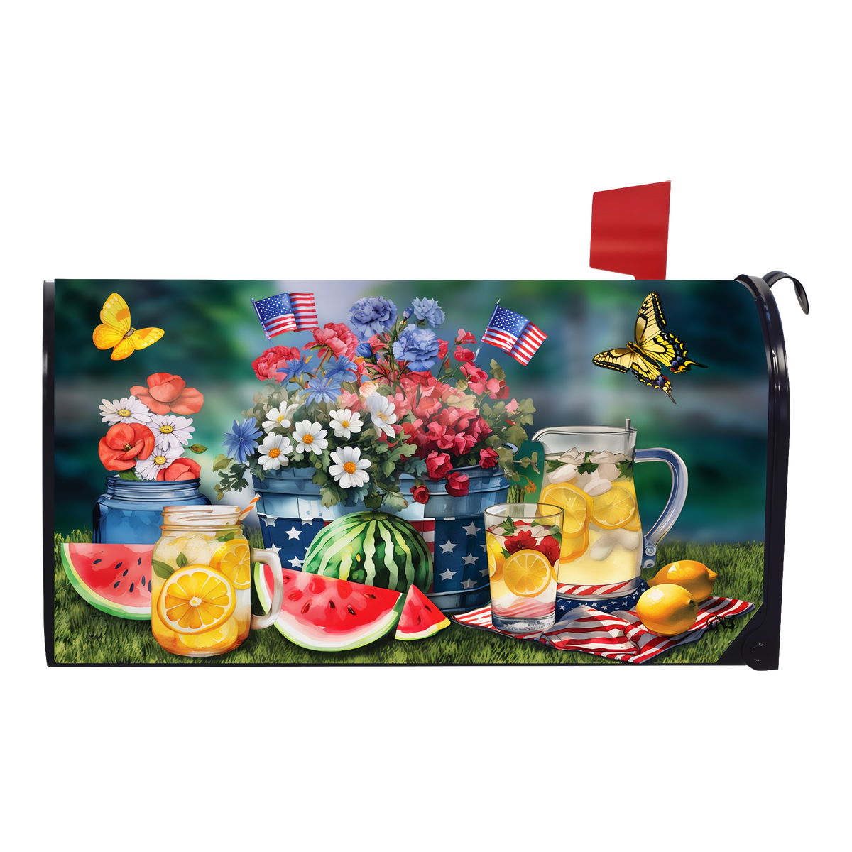 Briarwood Lane American Lemonade Mailbox Cover -- magnetic mailbox cover shown on a standard steel mailbox