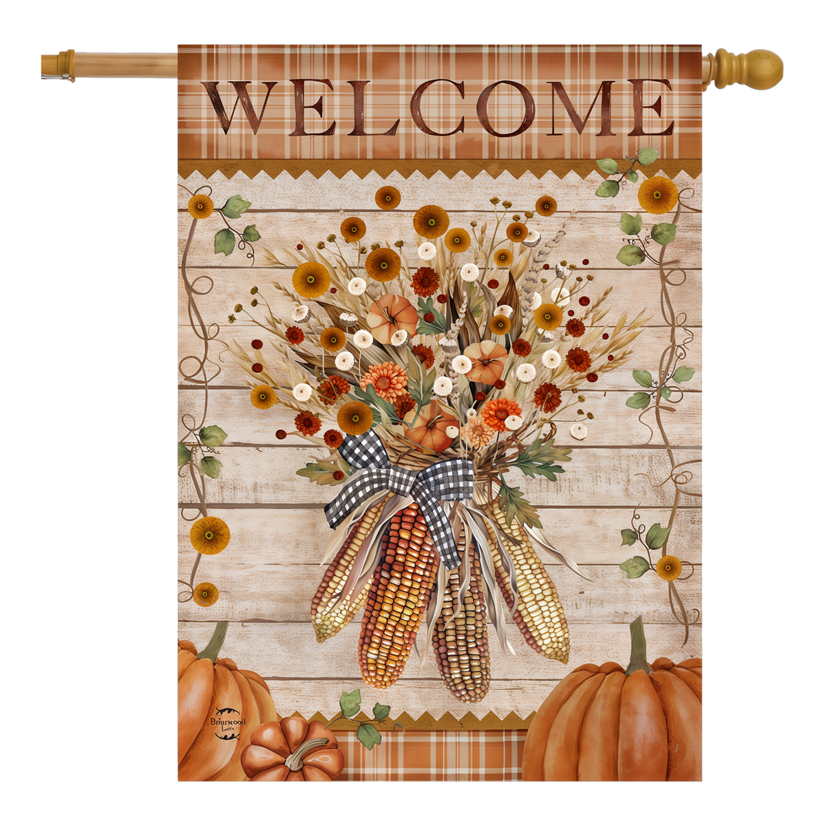 Briarwood Lane Autumn Corn Flag House Flag -- house flag shown on a house flag pole