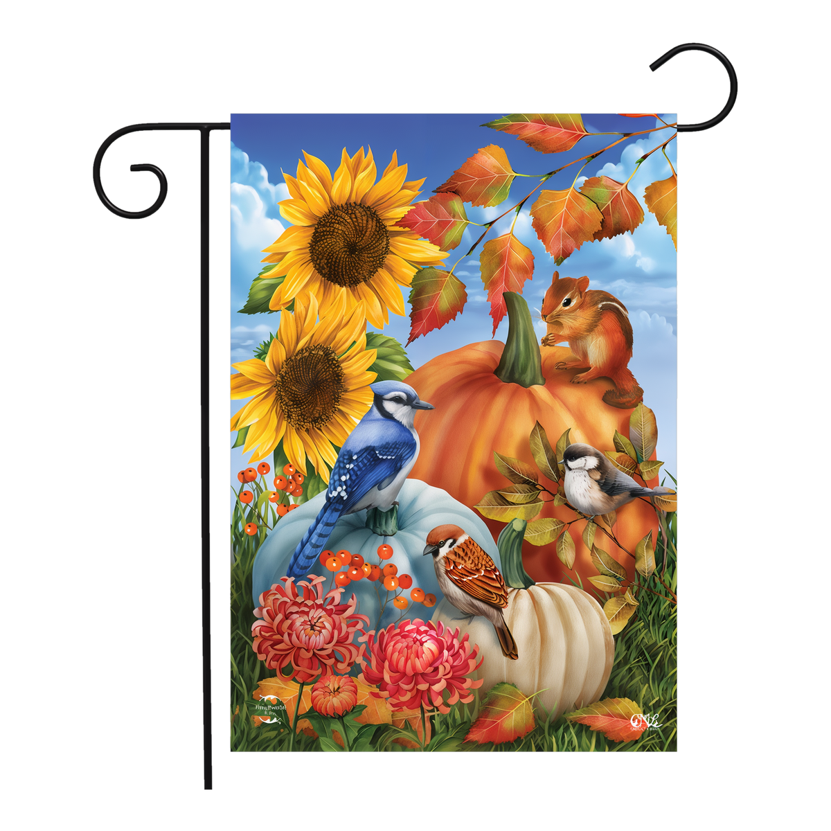 Briarwood Lane Autumn Gathering Garden Flag -- garden flag shown on a garden flag stand