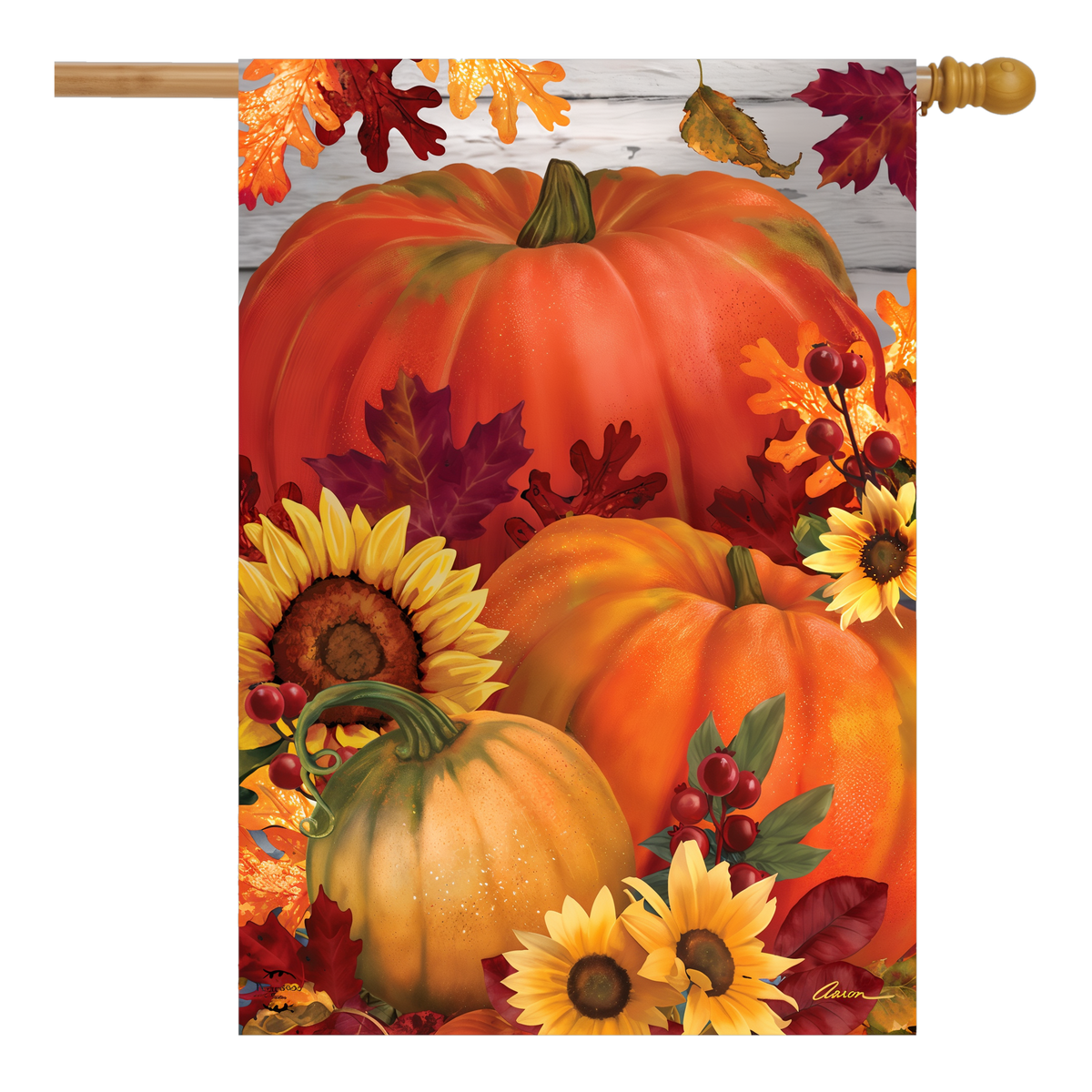 Briarwood Lane Autumn Pumpkin Trio House Flag -- house flag shown on a house flag pole